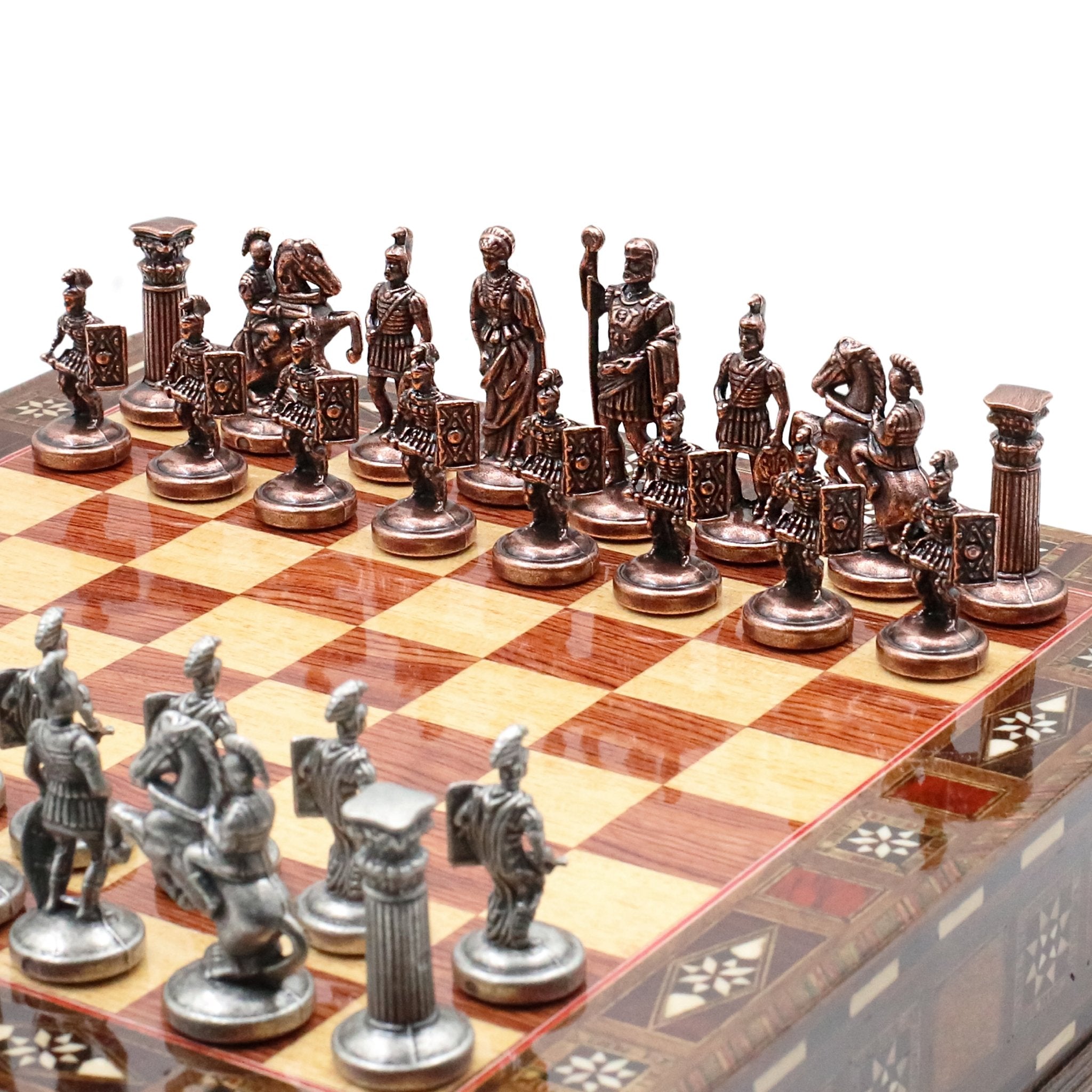 Handmade Inlay Chess Set with Drawer Storage 30 CM (12") - Die Cast Metal Pieces | Vintage Roman Empire - Cooper Chess