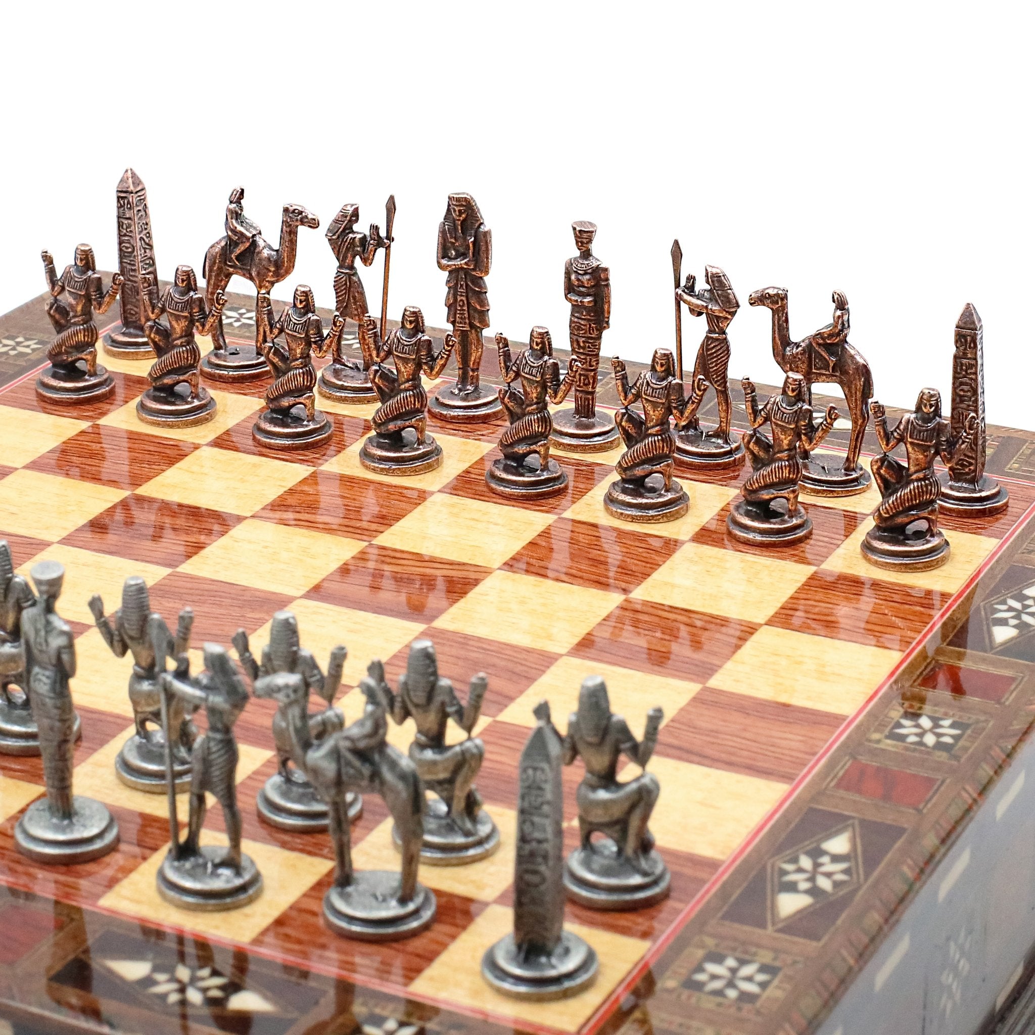 Handmade Inlay Chess Set with Drawer Storage 30 CM (12") - Die Cast Metal Pieces | Vintage Egyptian Cleopatra - Cooper Chess