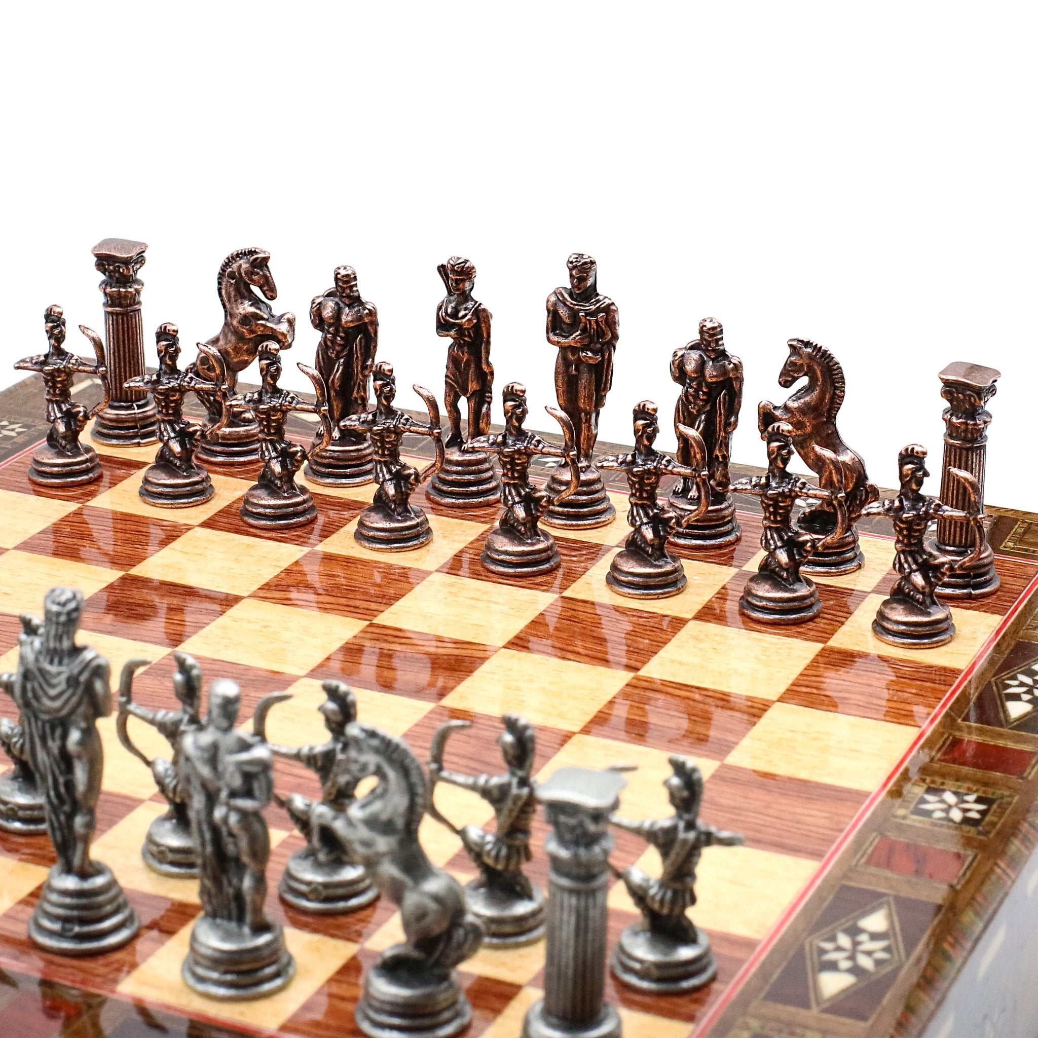 Handmade Inlay Chess Set with Drawer Storage 30 CM (12") - Die Cast Metal Pieces | Vintage Mythology Archer - Cooper Chess