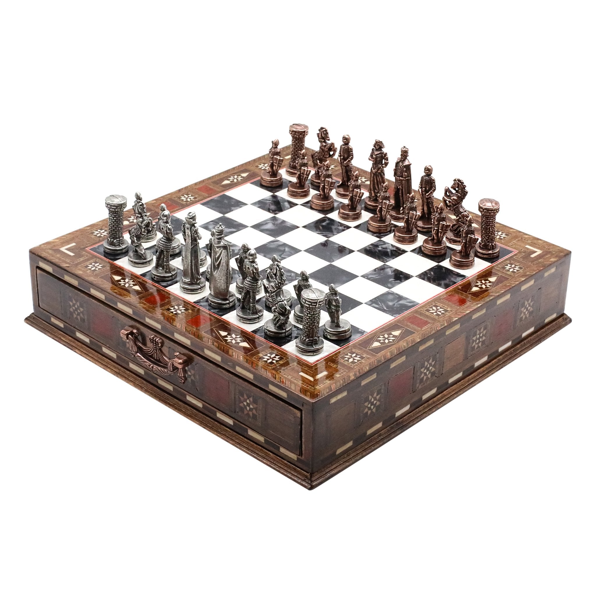 Handmade Inlay Chess Set with Drawer Storage 30 CM (12") - Die Cast Metal Pieces | Vintage Medieval British Army - Cooper Chess