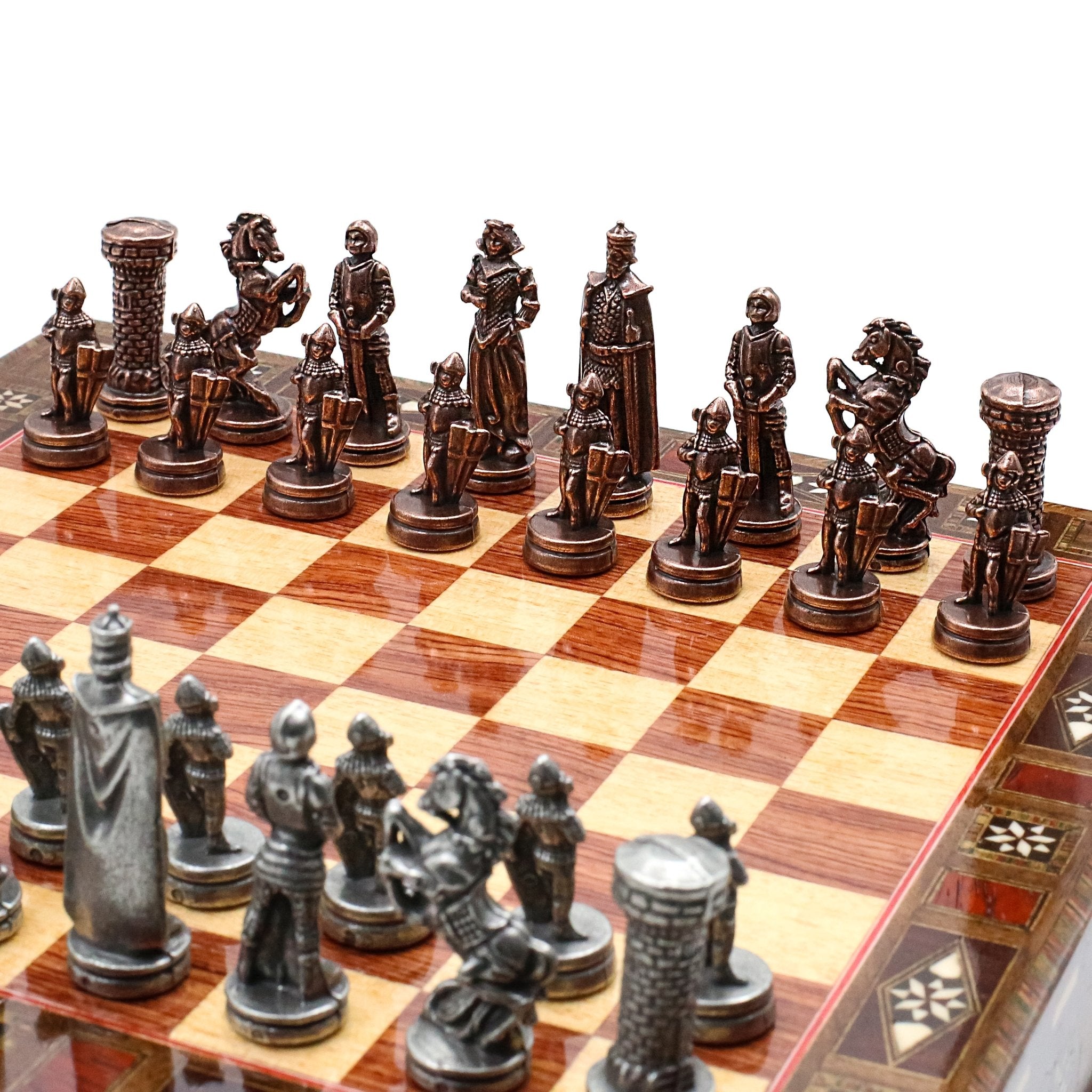 Handmade Inlay Chess Set with Drawer Storage 30 CM (12") - Die Cast Metal Pieces | Vintage Medieval British Army - Cooper Chess