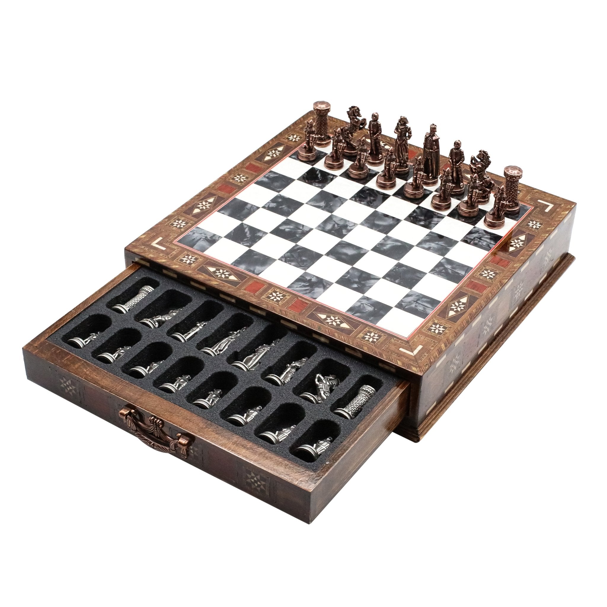 Handmade Inlay Chess Set with Drawer Storage 30 CM (12") - Die Cast Metal Pieces | Vintage Medieval British Army - Cooper Chess