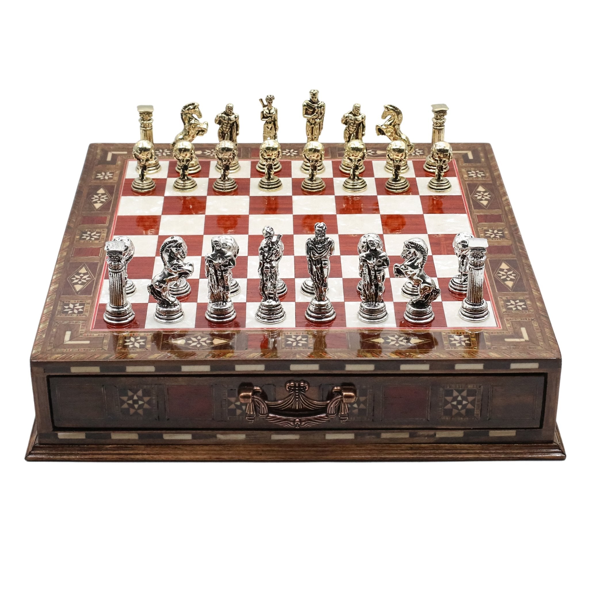 Handmade Inlay Chess Set with Drawer Storage 30 CM (12") - Die Cast Metal Pieces | Greek Mythology Hercules - Cooper Chess