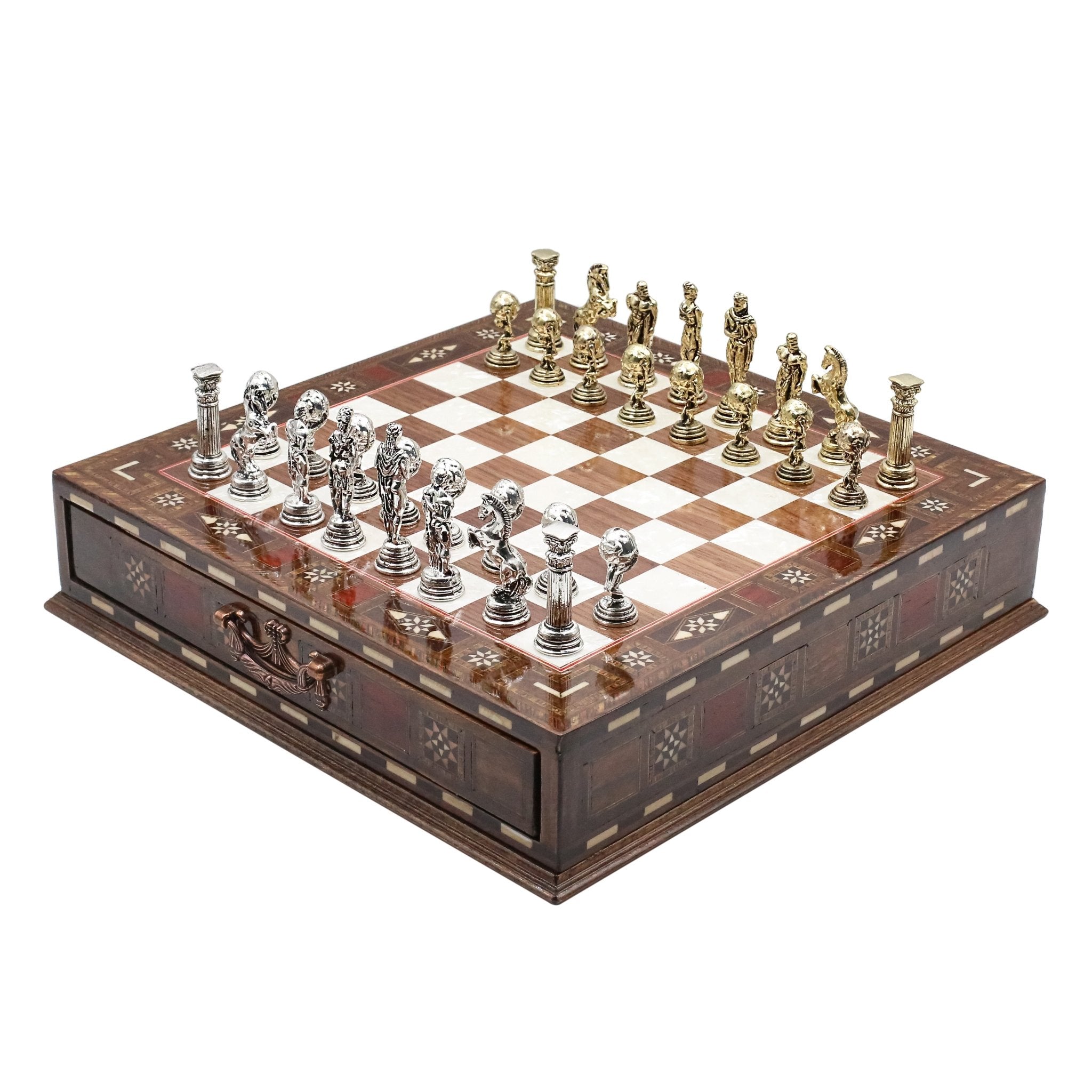 Handmade Inlay Chess Set with Drawer Storage 30 CM (12") - Die Cast Metal Pieces | Greek Mythology Hercules - Cooper Chess
