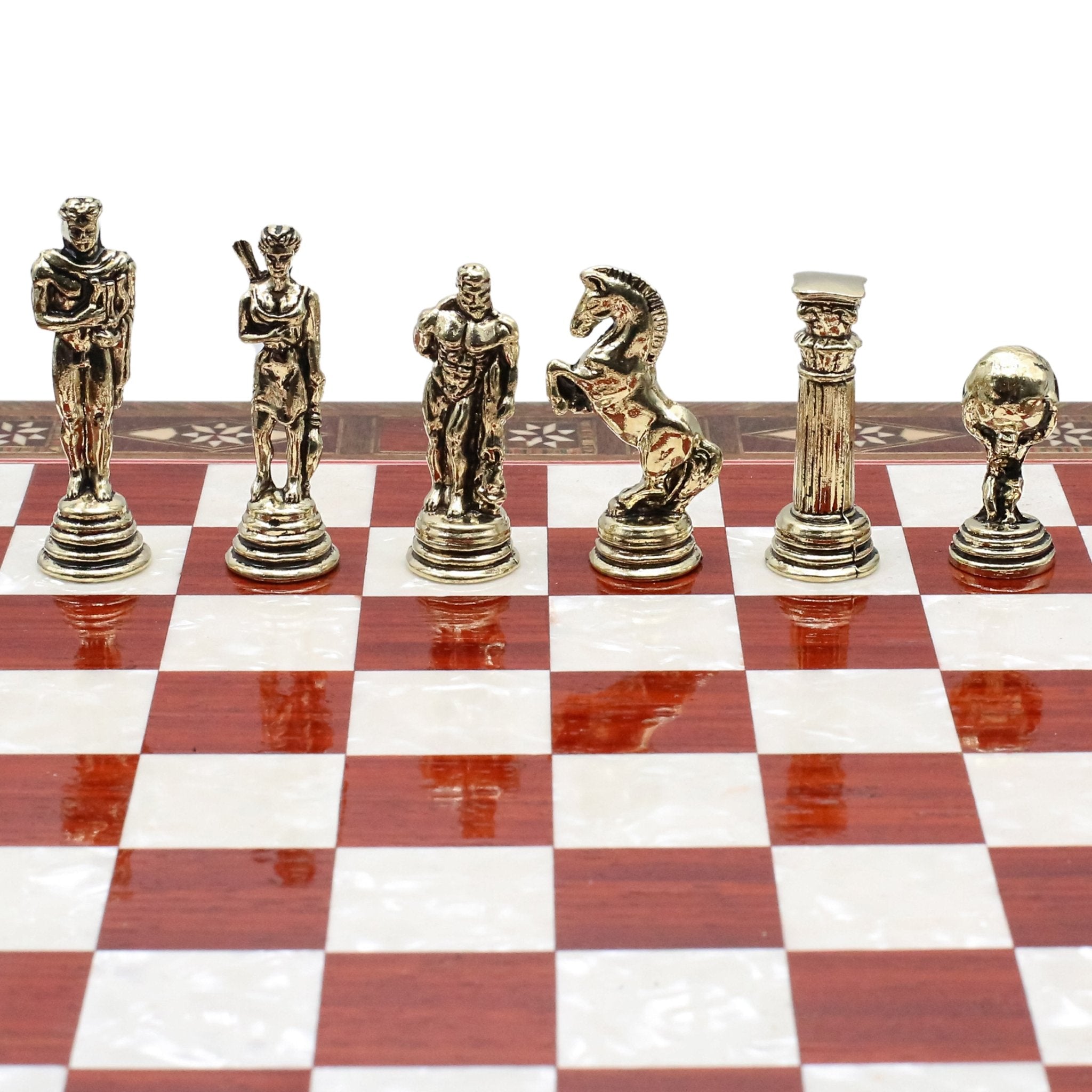 Handmade Inlay Chess Set with Drawer Storage 30 CM (12") - Die Cast Metal Pieces | Greek Mythology Hercules - Cooper Chess