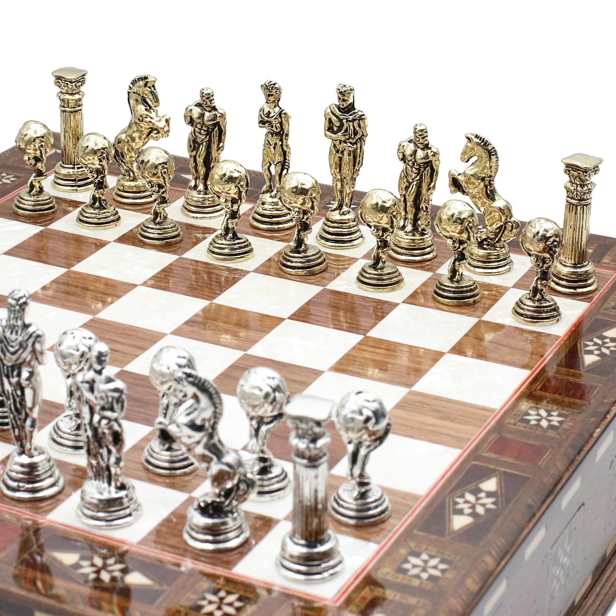 Handmade Inlay Chess Set with Drawer Storage 30 CM (12") - Die Cast Metal Pieces | Greek Mythology Hercules - Cooper Chess