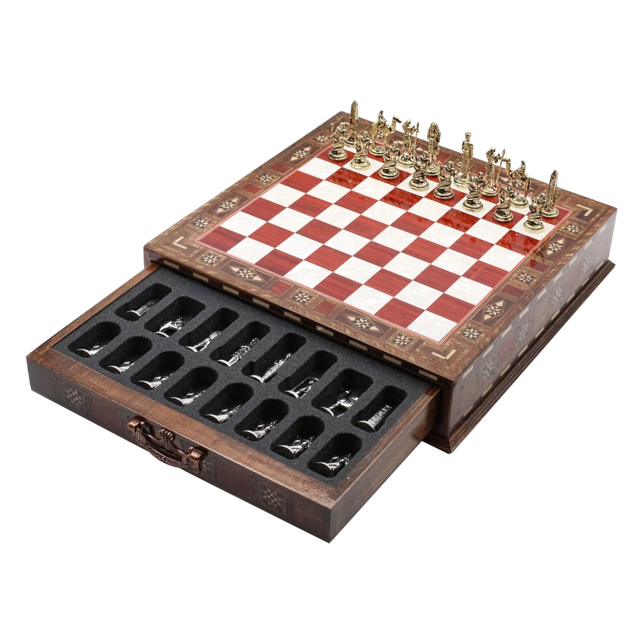 Handmade Inlay Chess Set with Drawer Storage 30 CM (12") - Die Cast Metal Pieces | Egyptian Cleopatra - Cooper Chess