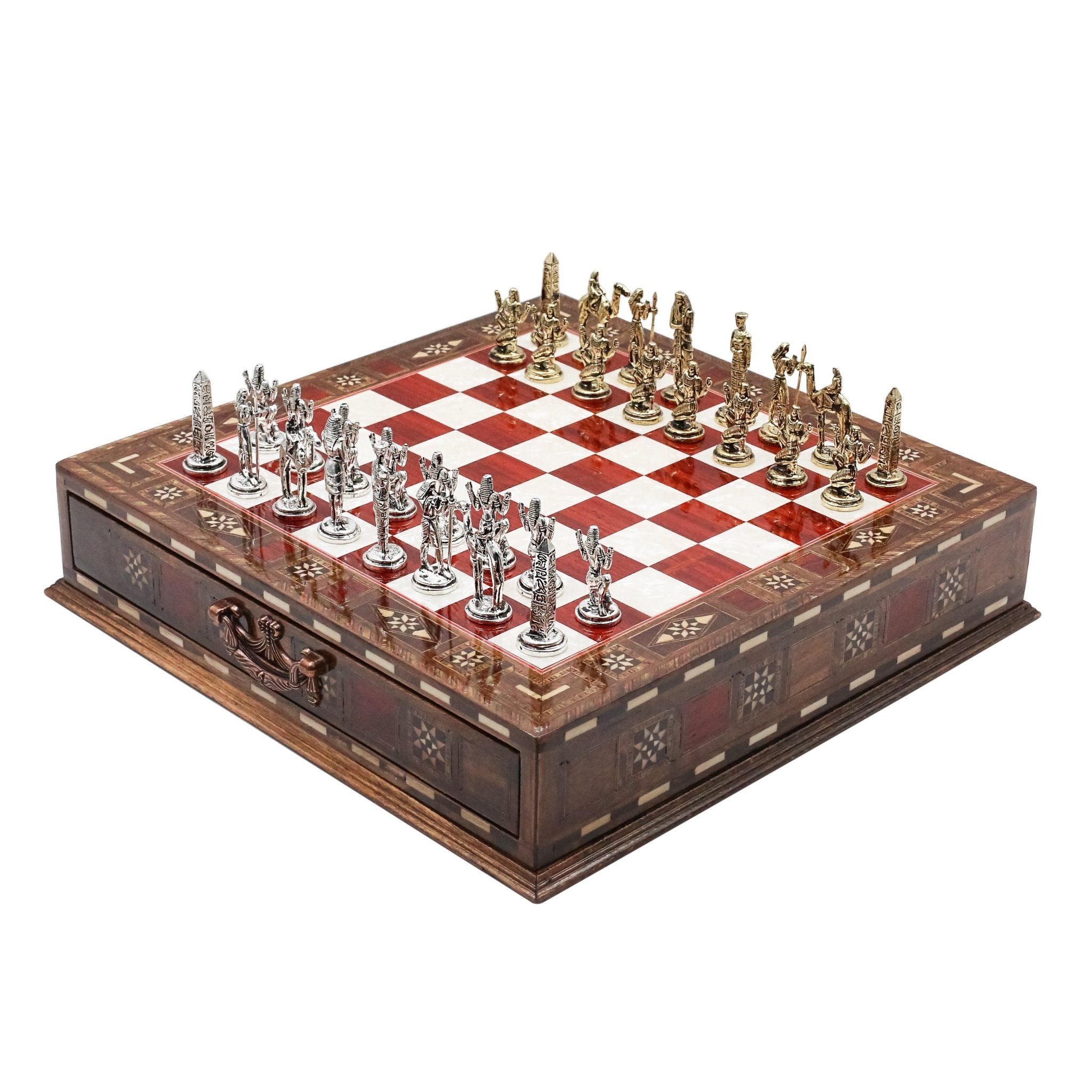 Handmade Inlay Chess Set with Drawer Storage 30 CM (12") - Die Cast Metal Pieces | Egyptian Cleopatra - Cooper Chess