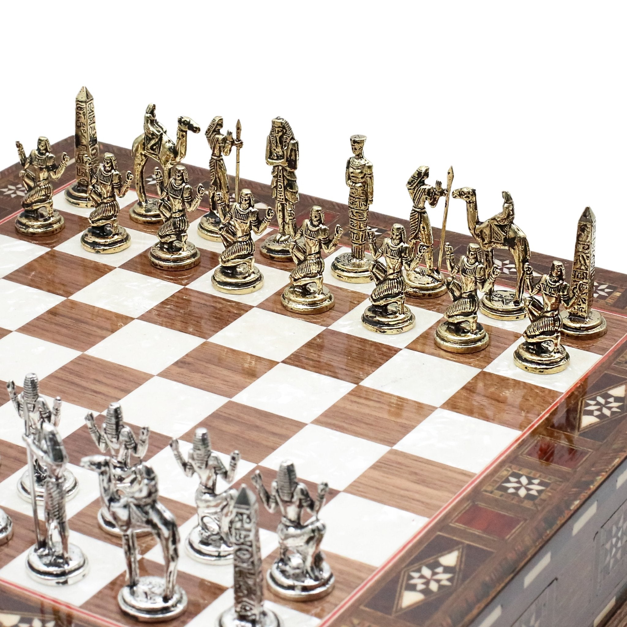 Handmade Inlay Chess Set with Drawer Storage 30 CM (12") - Die Cast Metal Pieces | Egyptian Cleopatra - Cooper Chess