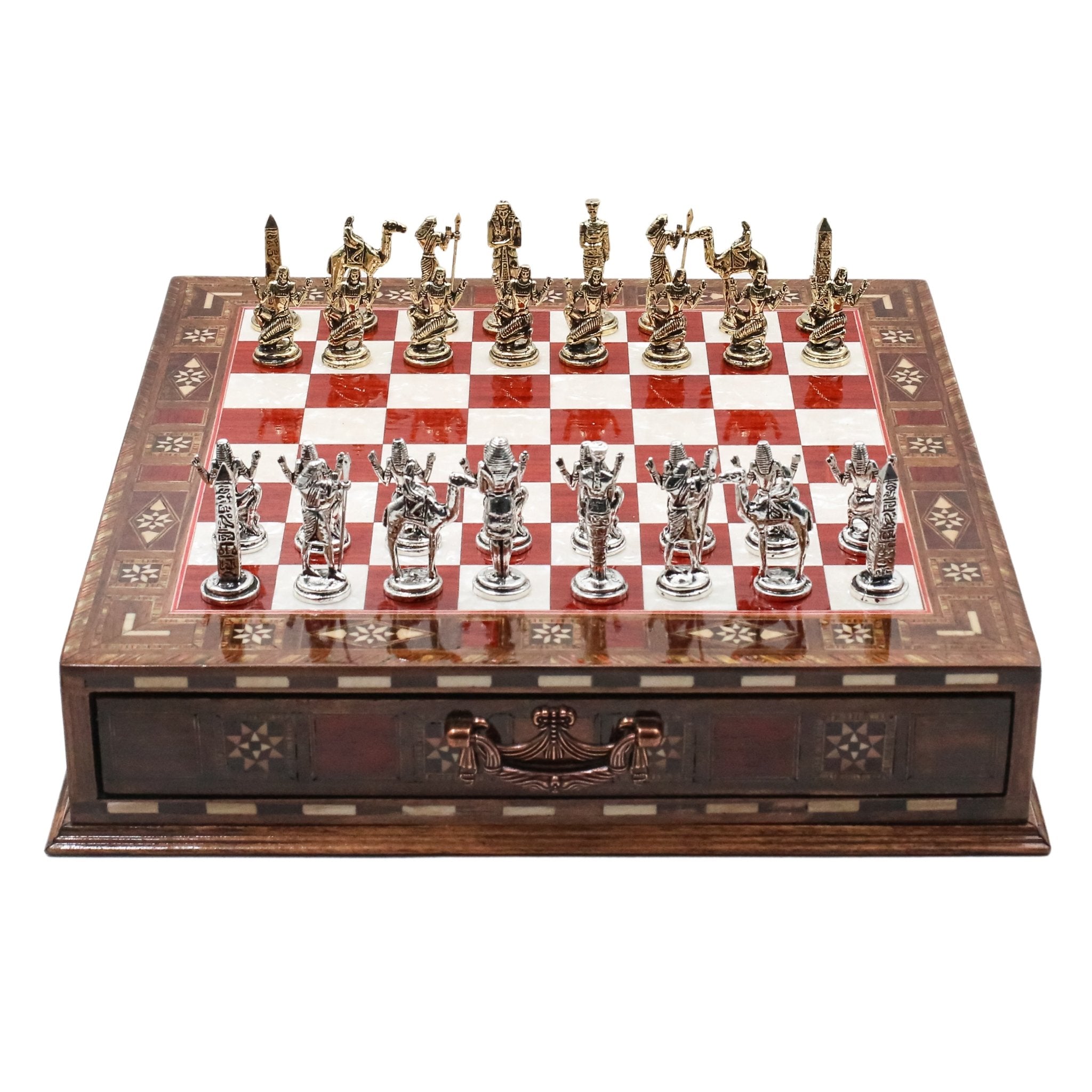 Handmade Inlay Chess Set with Drawer Storage 30 CM (12") - Die Cast Metal Pieces | Egyptian Cleopatra - Cooper Chess