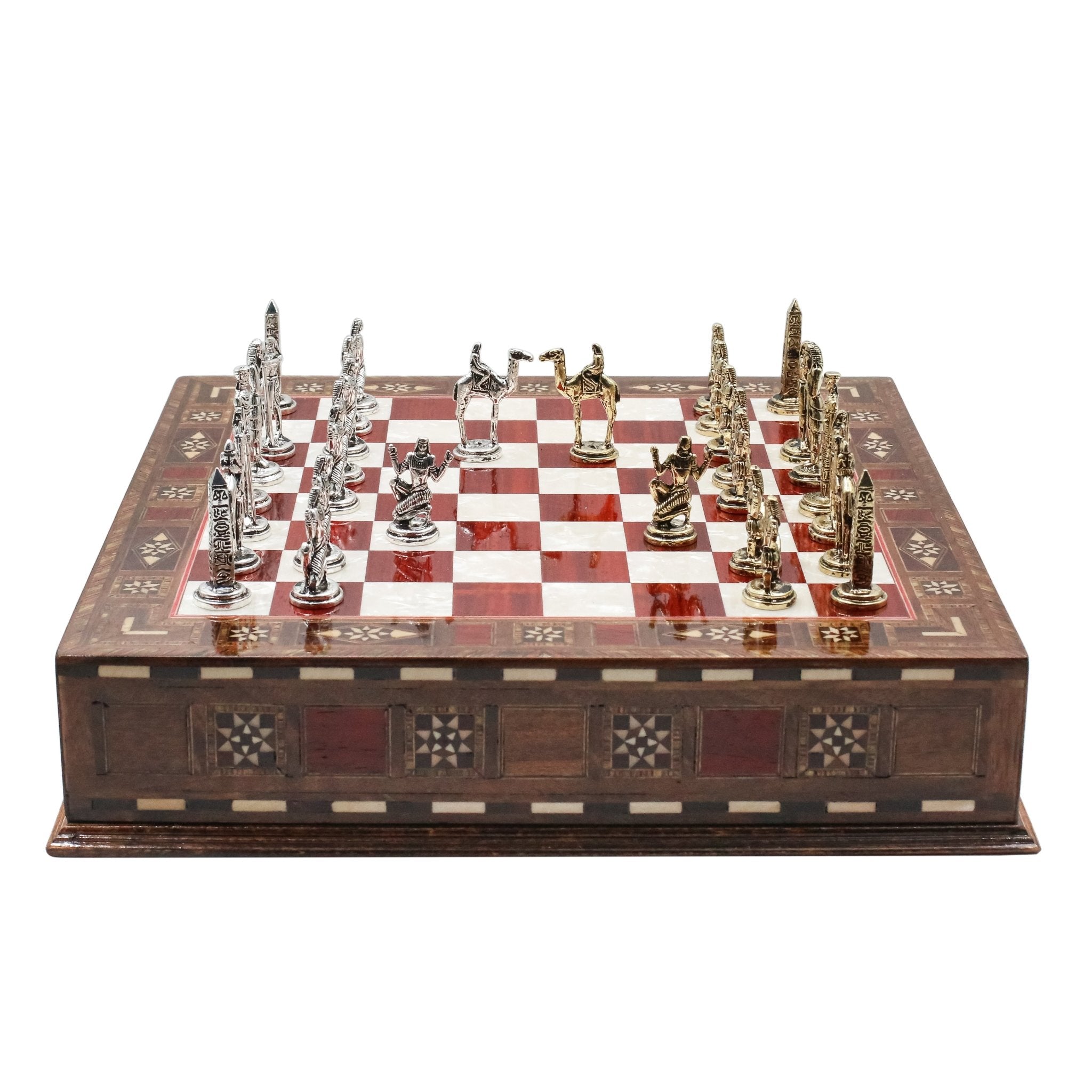 Handmade Inlay Chess Set with Drawer Storage 30 CM (12") - Die Cast Metal Pieces | Egyptian Cleopatra - Cooper Chess