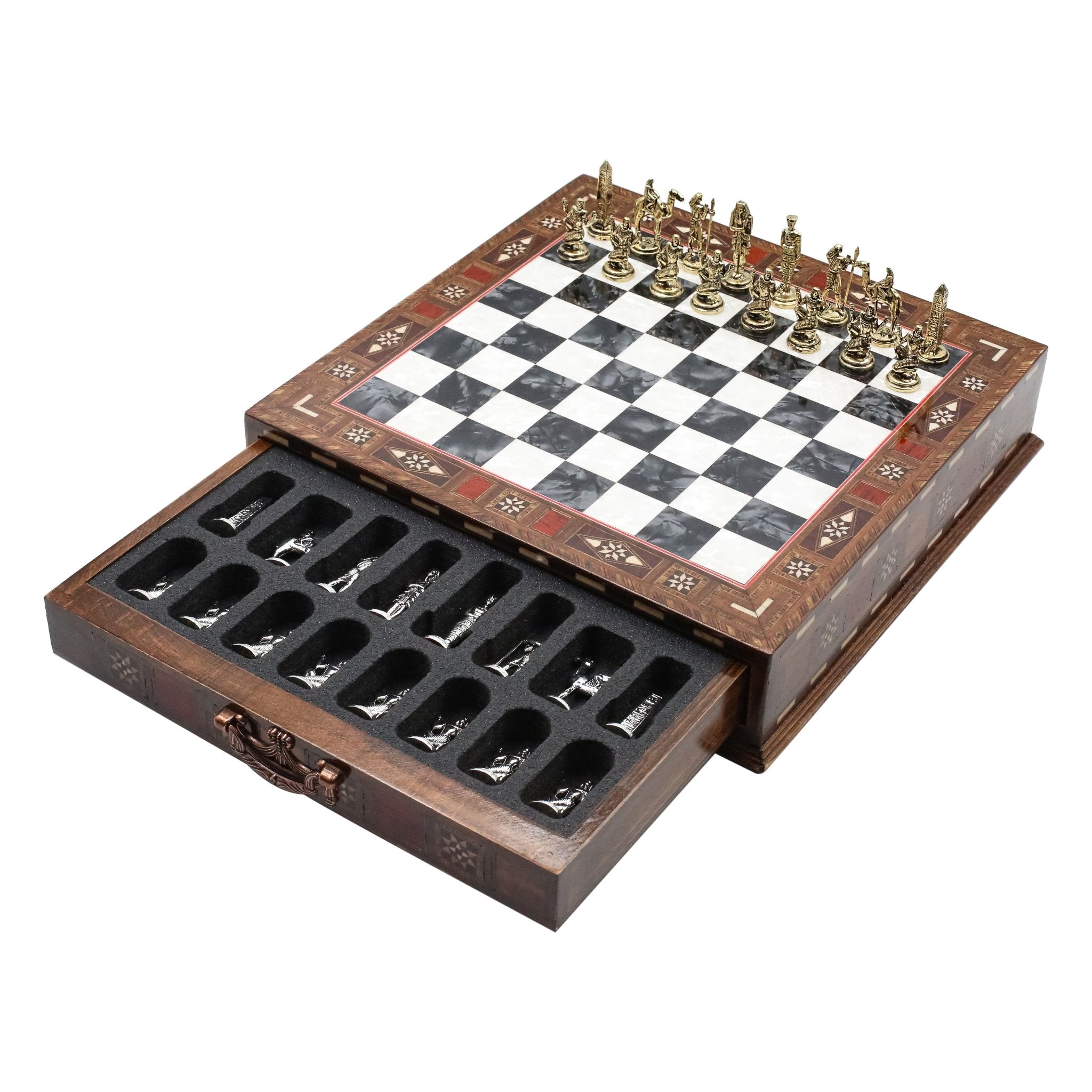 Handmade Inlay Chess Set with Drawer Storage 30 CM (12") - Die Cast Metal Pieces | Egyptian Cleopatra - Cooper Chess