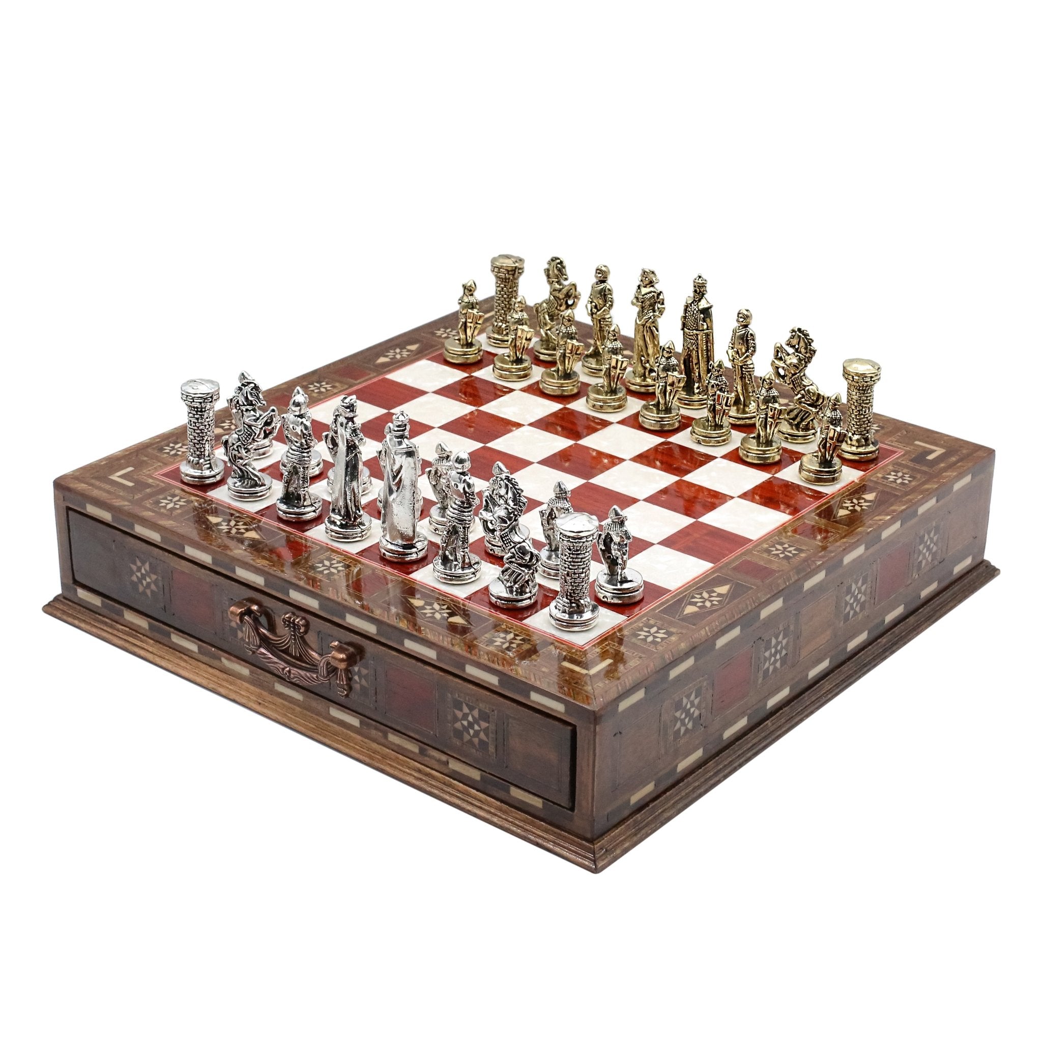 Handmade Inlay Chess Set with Drawer Storage 30 CM (12") - Die Cast Metal Pieces | Medieval British Army - Cooper Chess