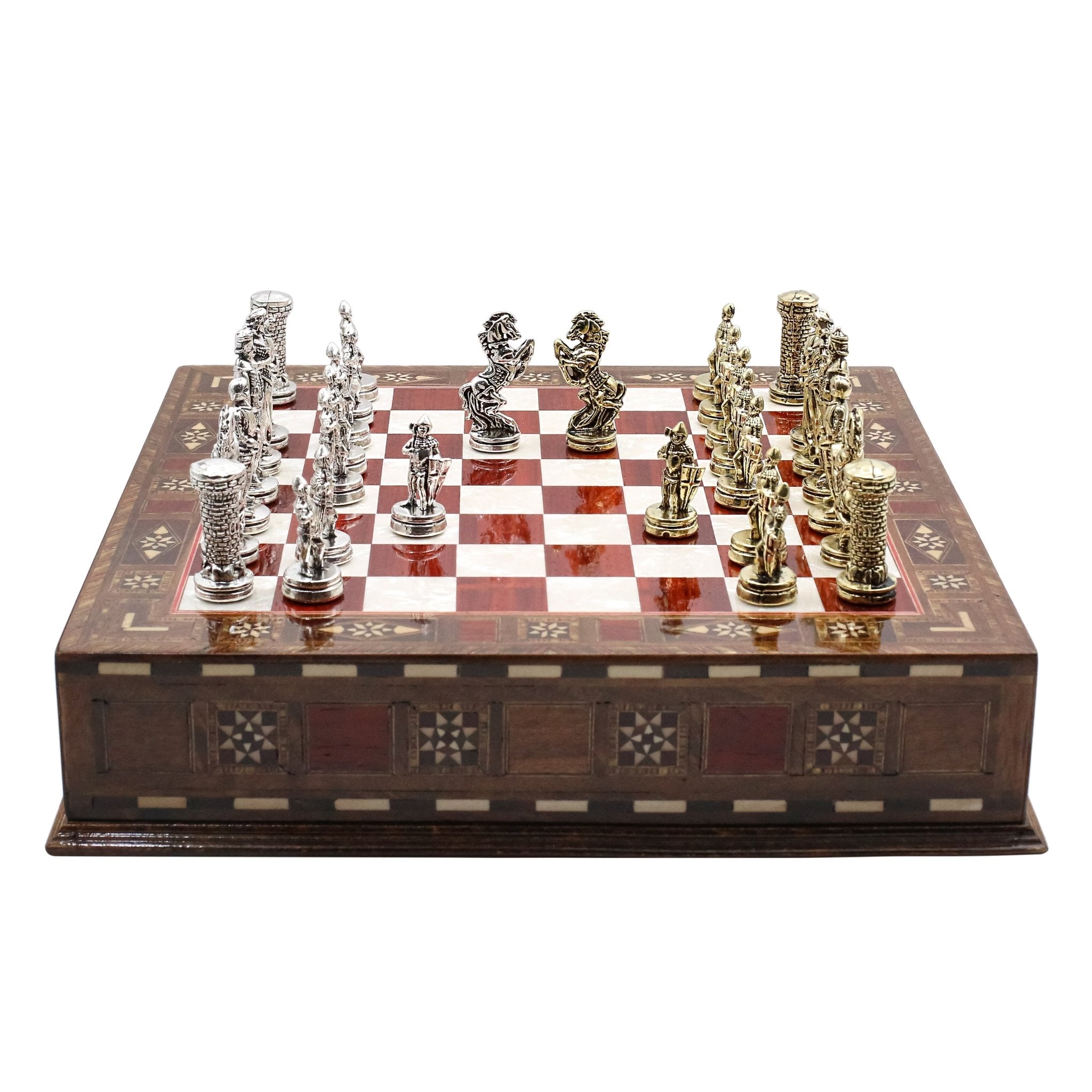 Handmade Inlay Chess Set with Drawer Storage 30 CM (12") - Die Cast Metal Pieces | Medieval British Army - Cooper Chess