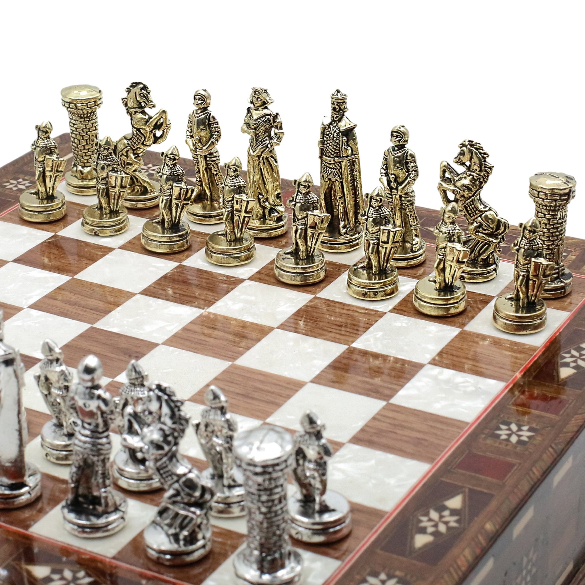 Handmade Inlay Chess Set with Drawer Storage 30 CM (12") - Die Cast Metal Pieces | Medieval British Army - Cooper Chess