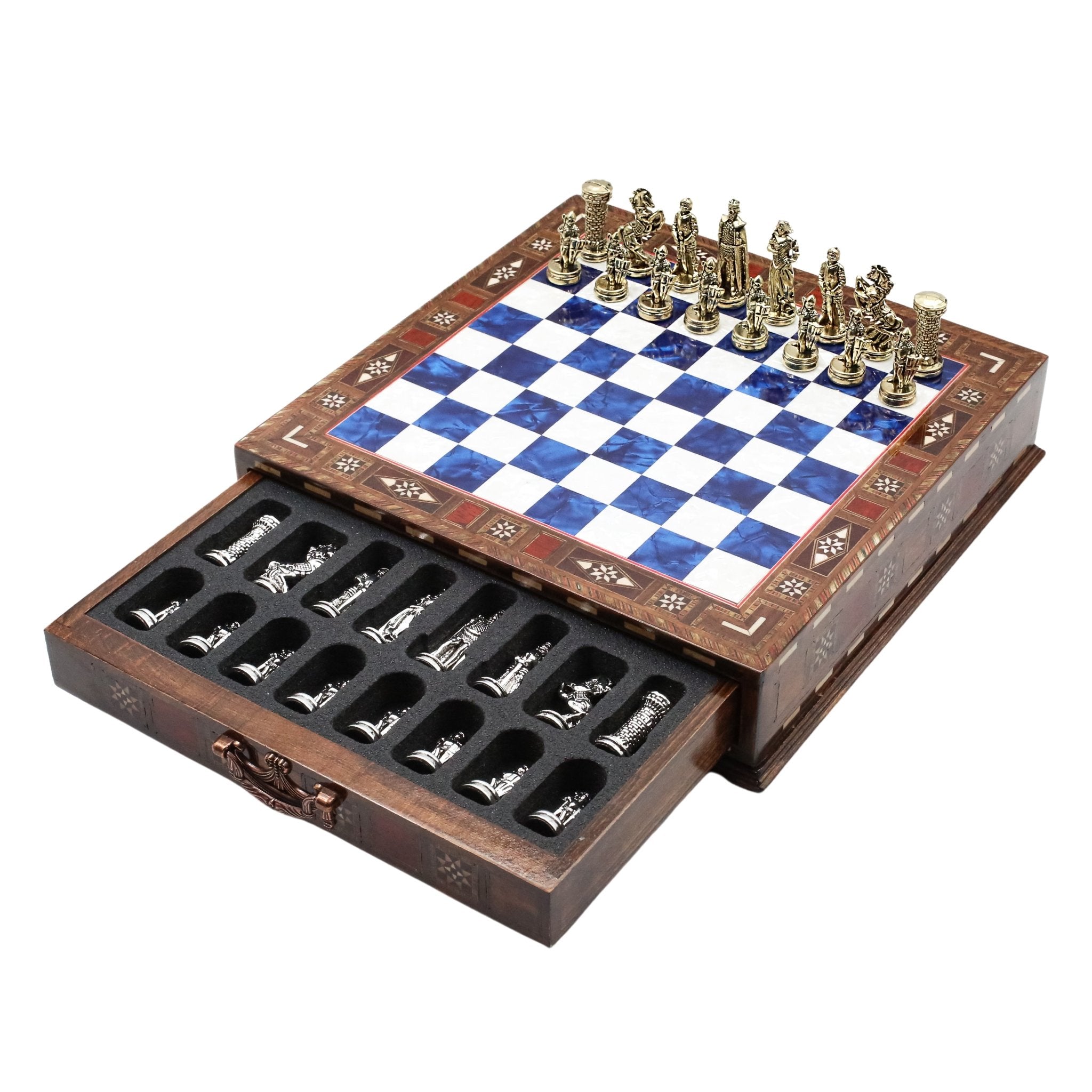 Handmade Inlay Chess Set with Drawer Storage 30 CM (12") - Die Cast Metal Pieces | Medieval British Army - Cooper Chess