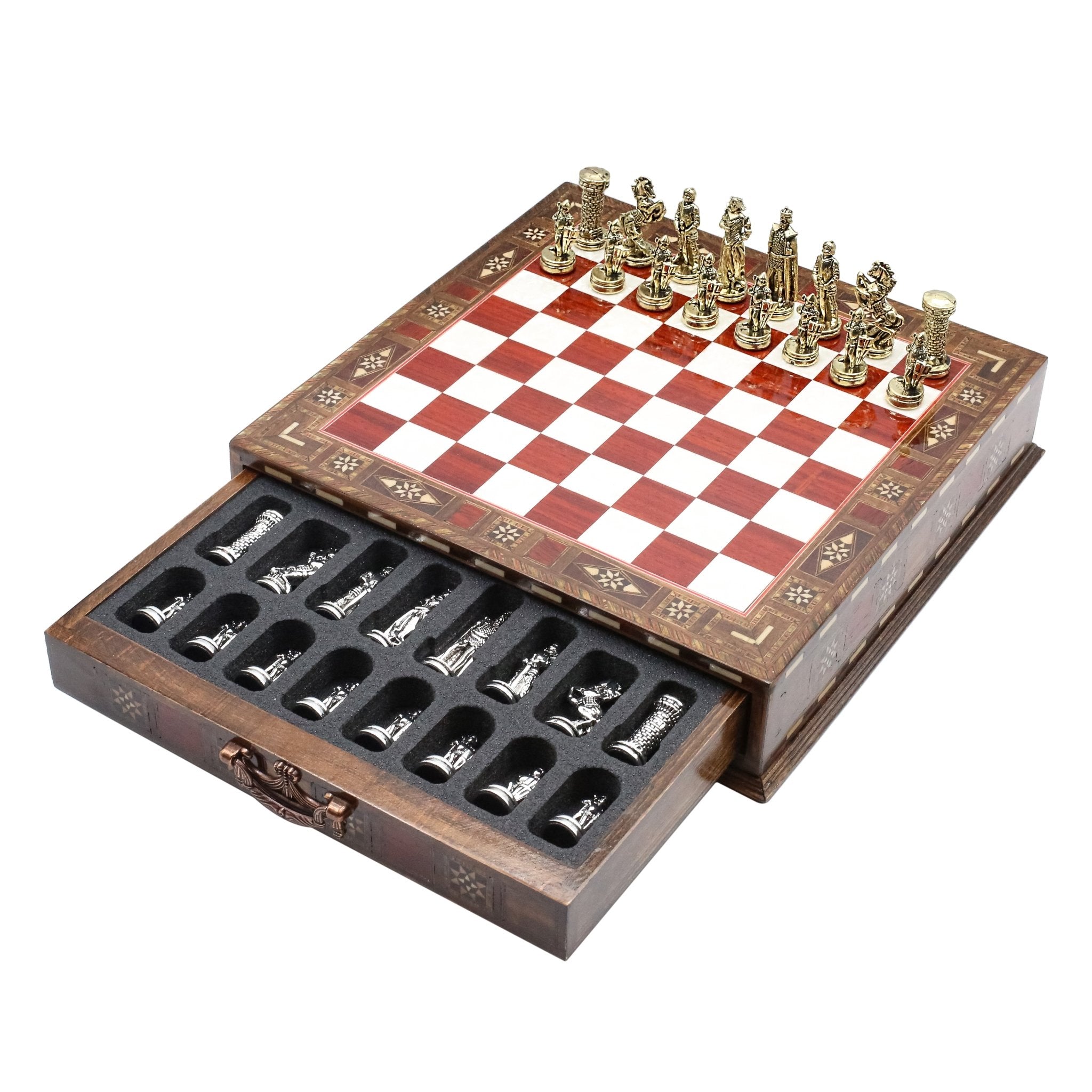 Handmade Inlay Chess Set with Drawer Storage 30 CM (12") - Die Cast Metal Pieces | Medieval British Army - Cooper Chess