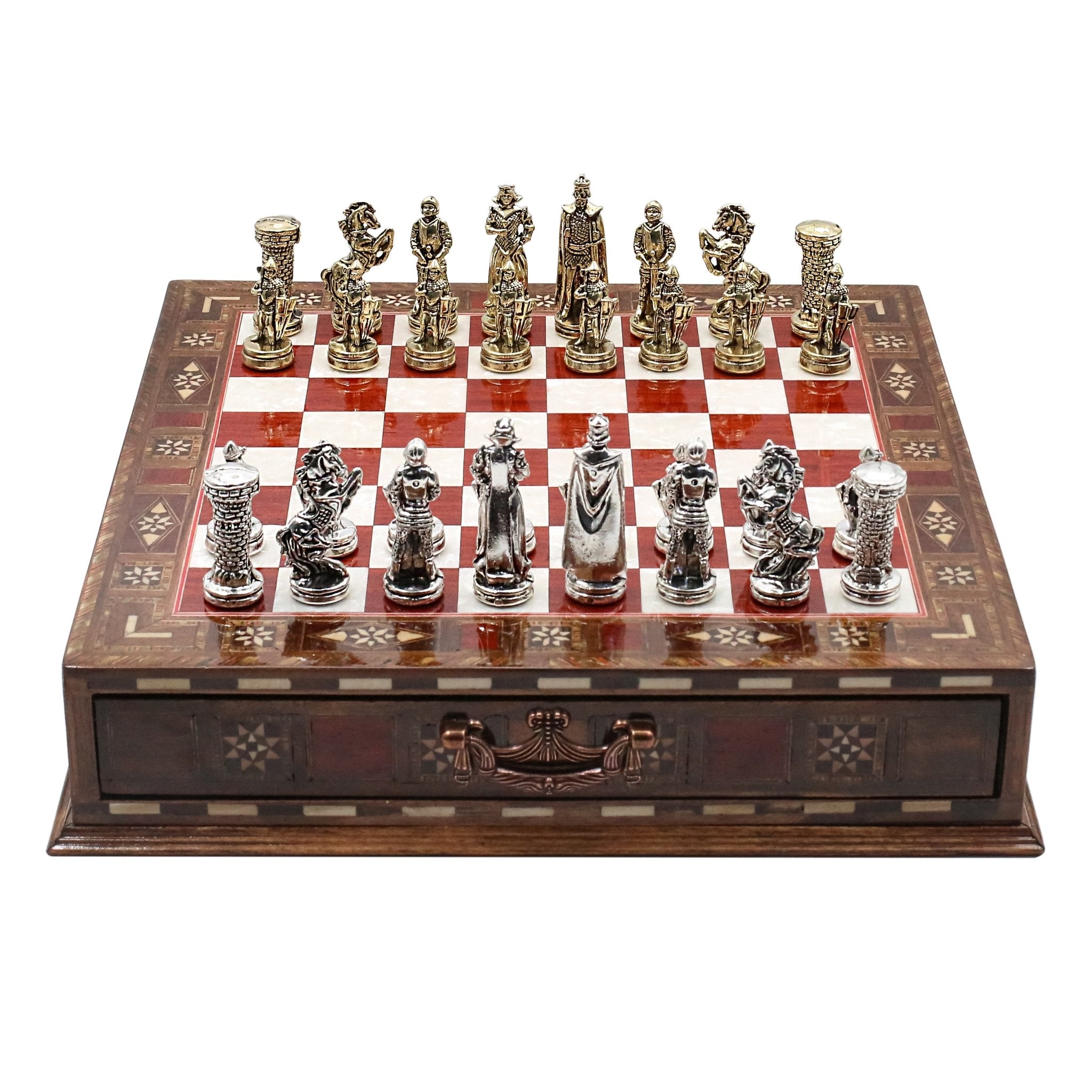 Handmade Inlay Chess Set with Drawer Storage 30 CM (12") - Die Cast Metal Pieces | Medieval British Army - Cooper Chess