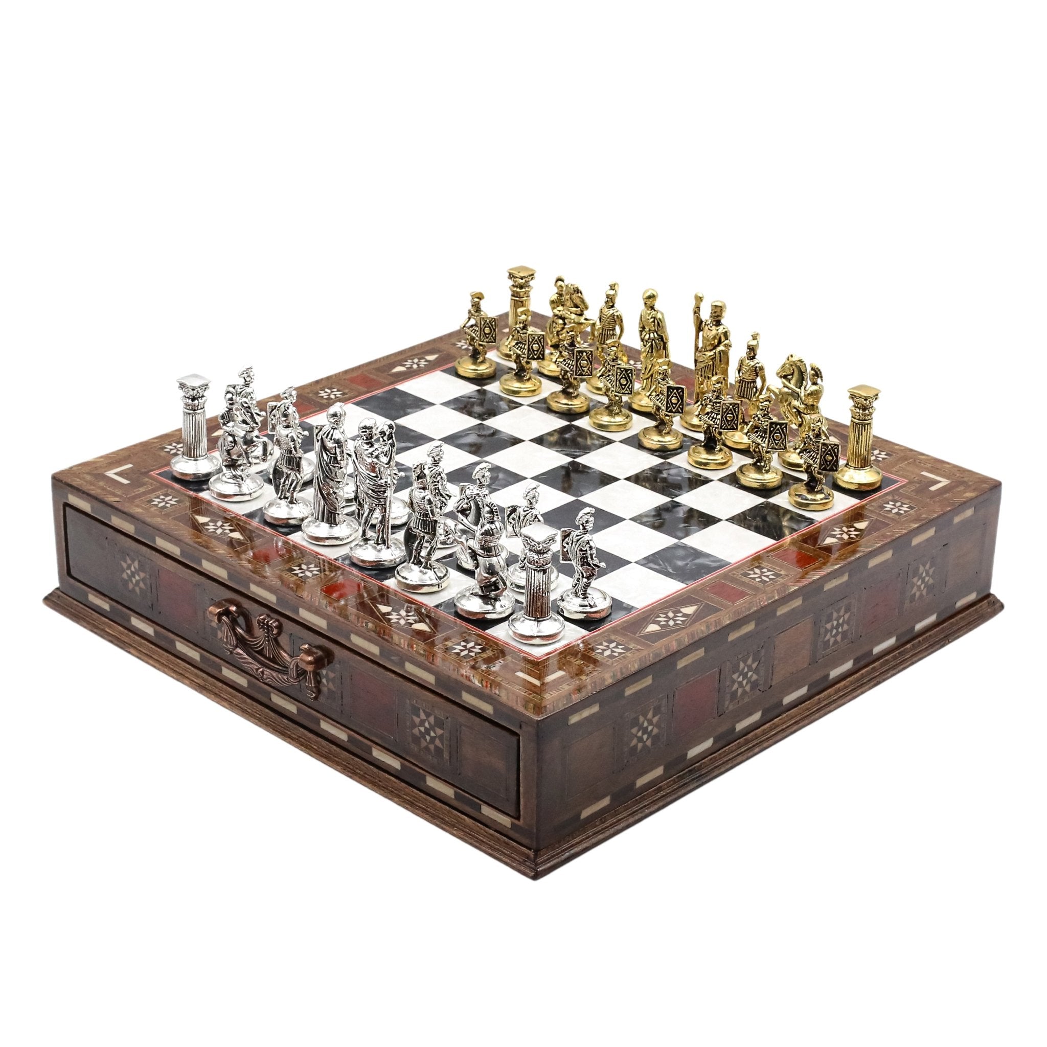 Handmade Inlay Chess Set with Drawer Storage 30 CM (12") - Die Cast Metal Pieces | Roman Empire - Cooper Chess