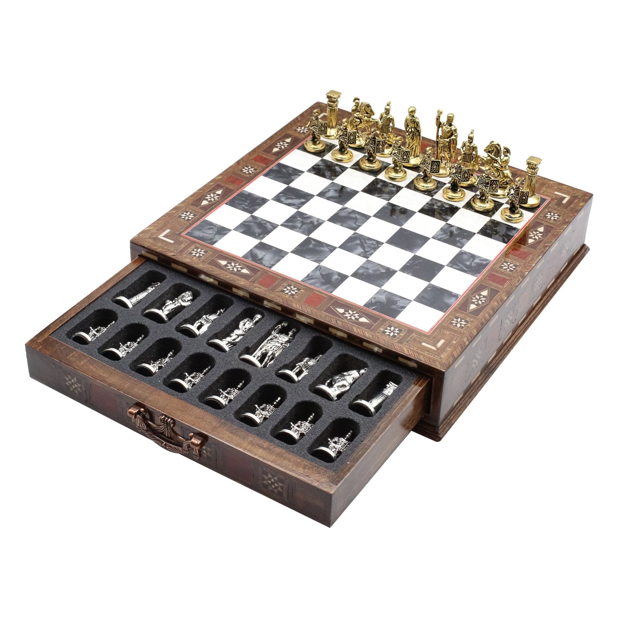 Handmade Inlay Chess Set with Drawer Storage 30 CM (12") - Die Cast Metal Pieces | Roman Empire - Cooper Chess