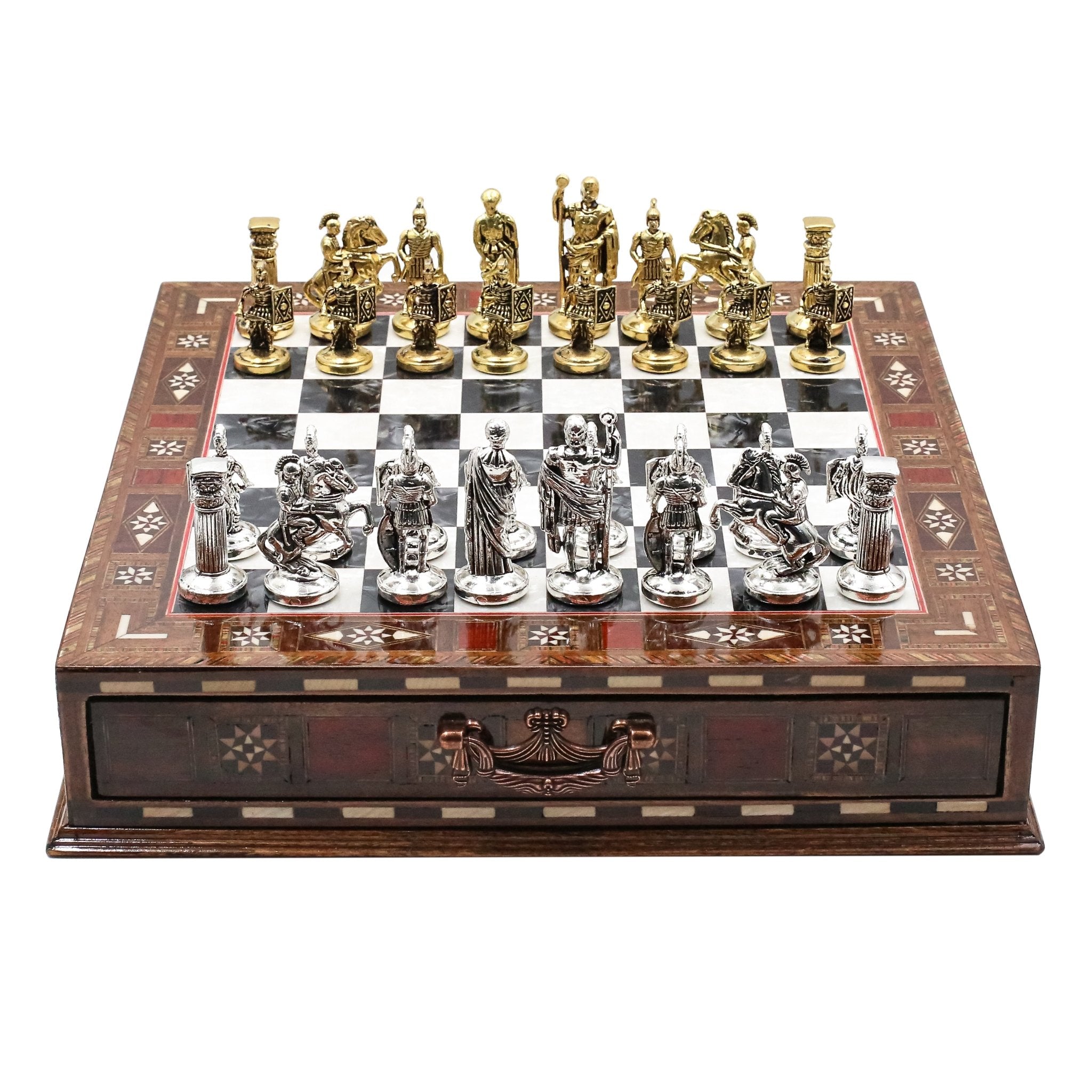 Handmade Inlay Chess Set with Drawer Storage 30 CM (12") - Die Cast Metal Pieces | Roman Empire - Cooper Chess