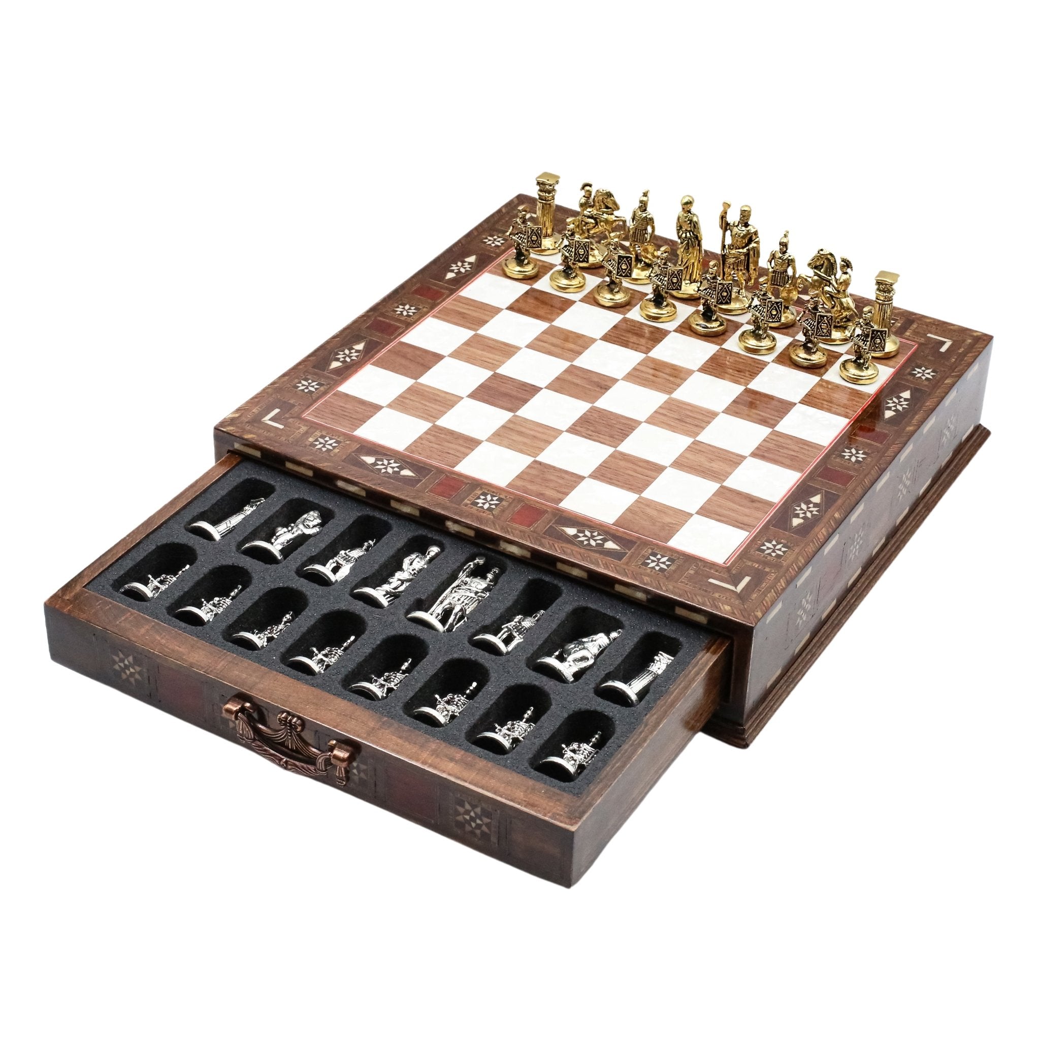 Handmade Inlay Chess Set with Drawer Storage 30 CM (12") - Die Cast Metal Pieces | Roman Empire - Cooper Chess