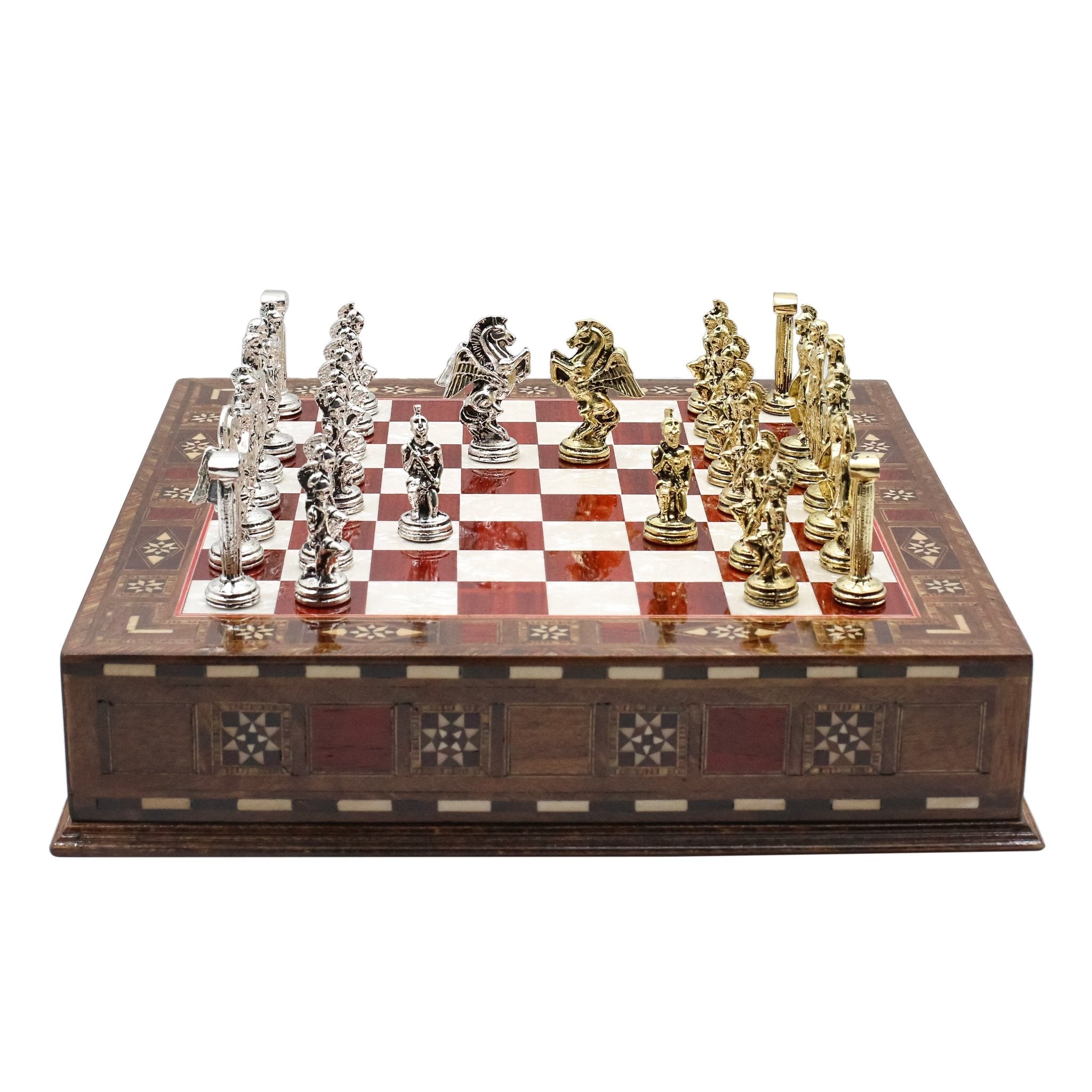 Handmade Inlay Chess Set with Drawer Storage 30 CM (12") - Die Cast Metal Pieces | Greek Mythology Pegasus - Cooper Chess