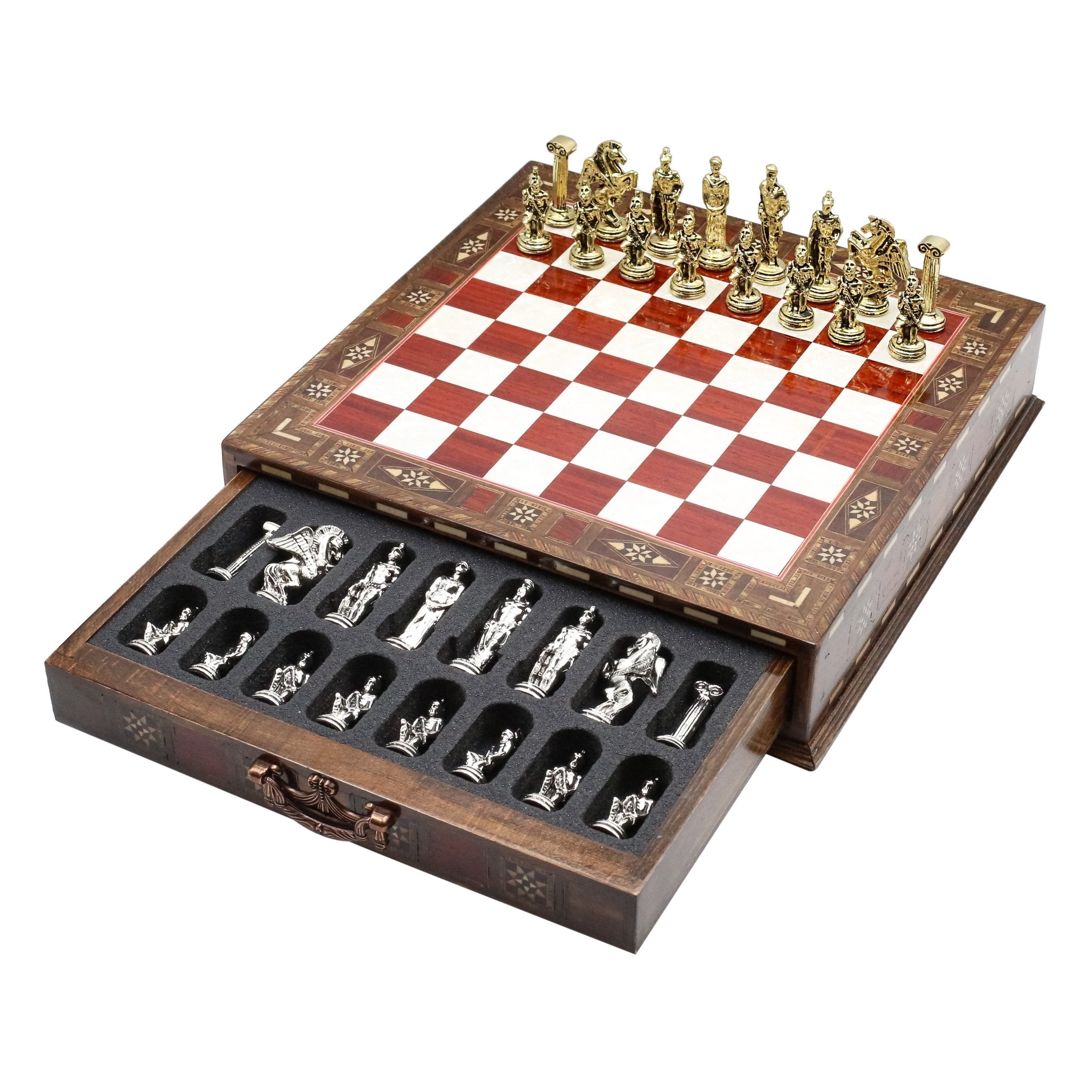 Handmade Inlay Chess Set with Drawer Storage 30 CM (12") - Die Cast Metal Pieces | Greek Mythology Pegasus - Cooper Chess