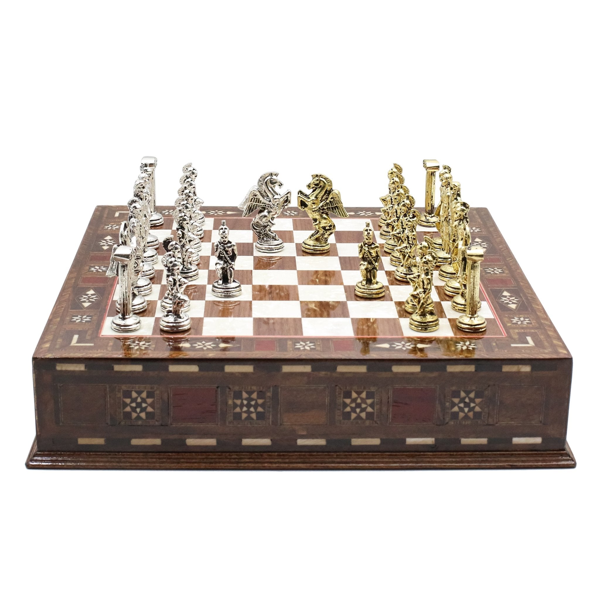 Handmade Inlay Chess Set with Drawer Storage 30 CM (12") - Die Cast Metal Pieces | Greek Mythology Pegasus - Cooper Chess
