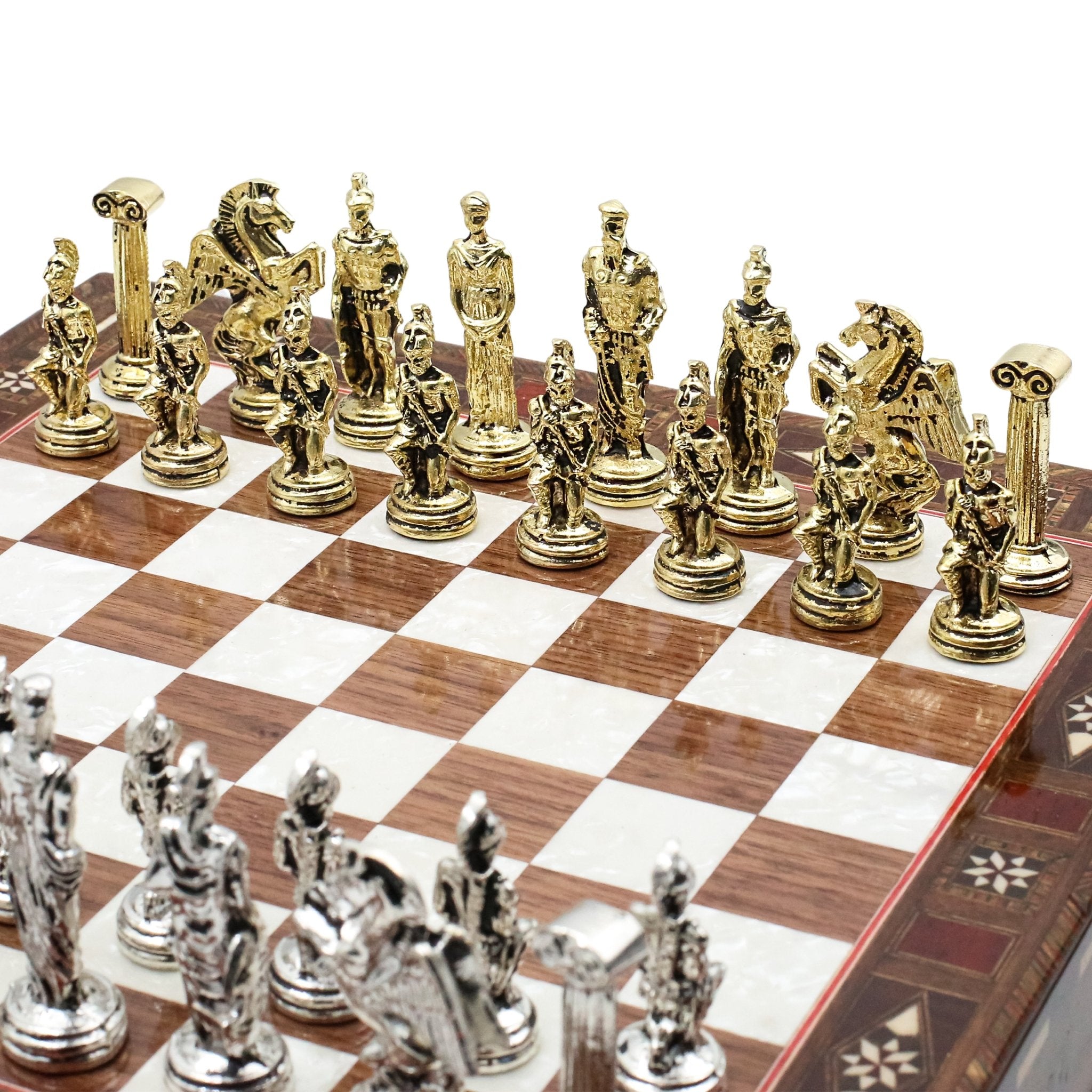 Handmade Inlay Chess Set with Drawer Storage 30 CM (12") - Die Cast Metal Pieces | Greek Mythology Pegasus - Cooper Chess