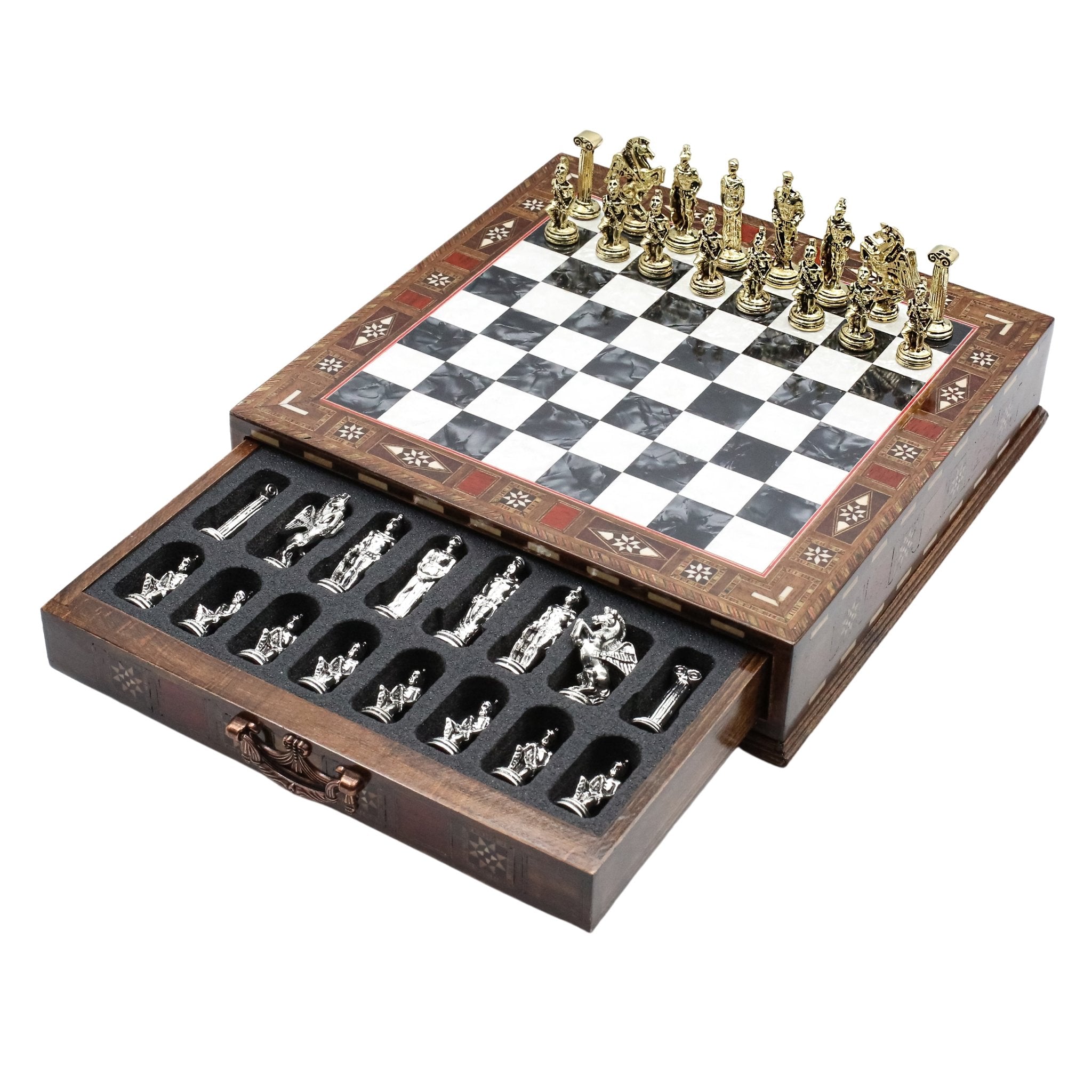 Handmade Inlay Chess Set with Drawer Storage 30 CM (12") - Die Cast Metal Pieces | Greek Mythology Pegasus - Cooper Chess