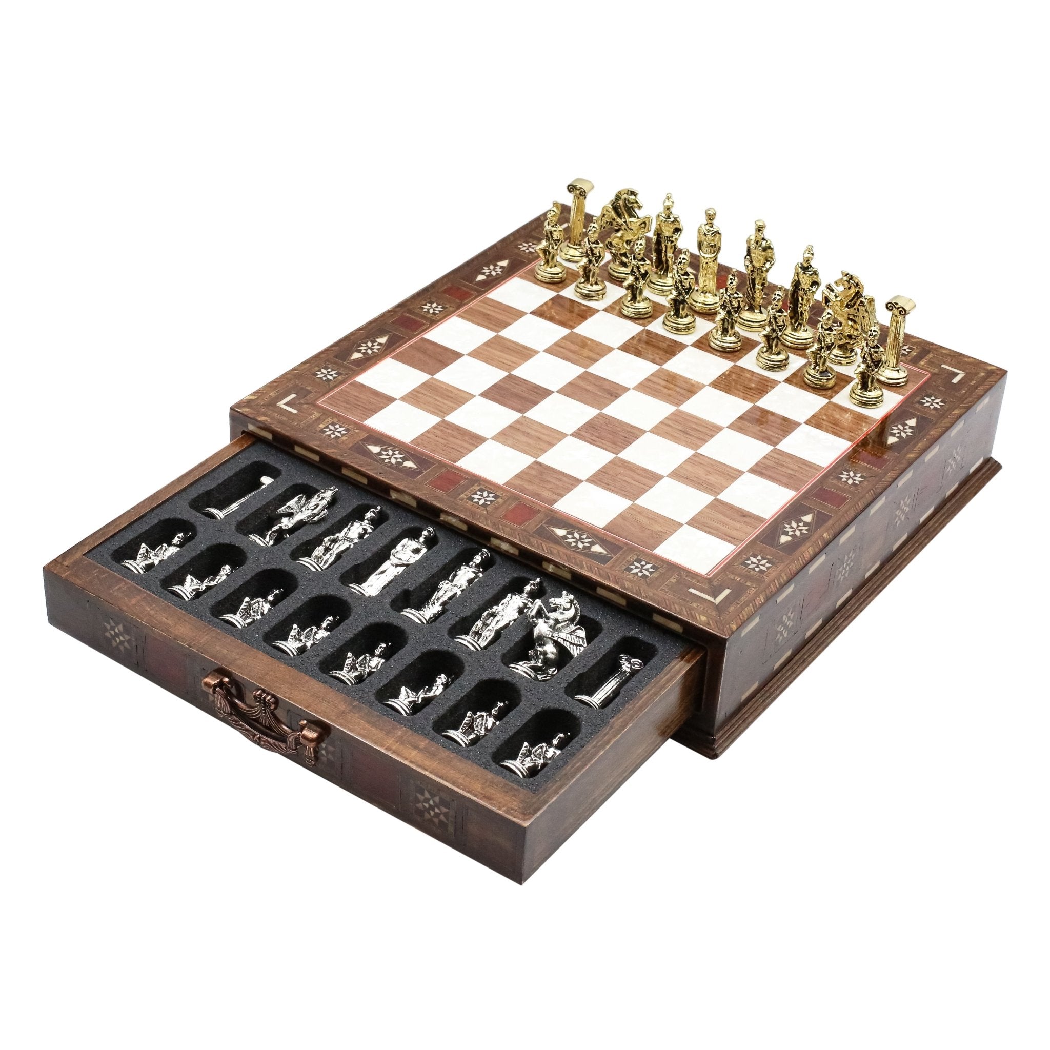 Handmade Inlay Chess Set with Drawer Storage 30 CM (12") - Die Cast Metal Pieces | Greek Mythology Pegasus - Cooper Chess