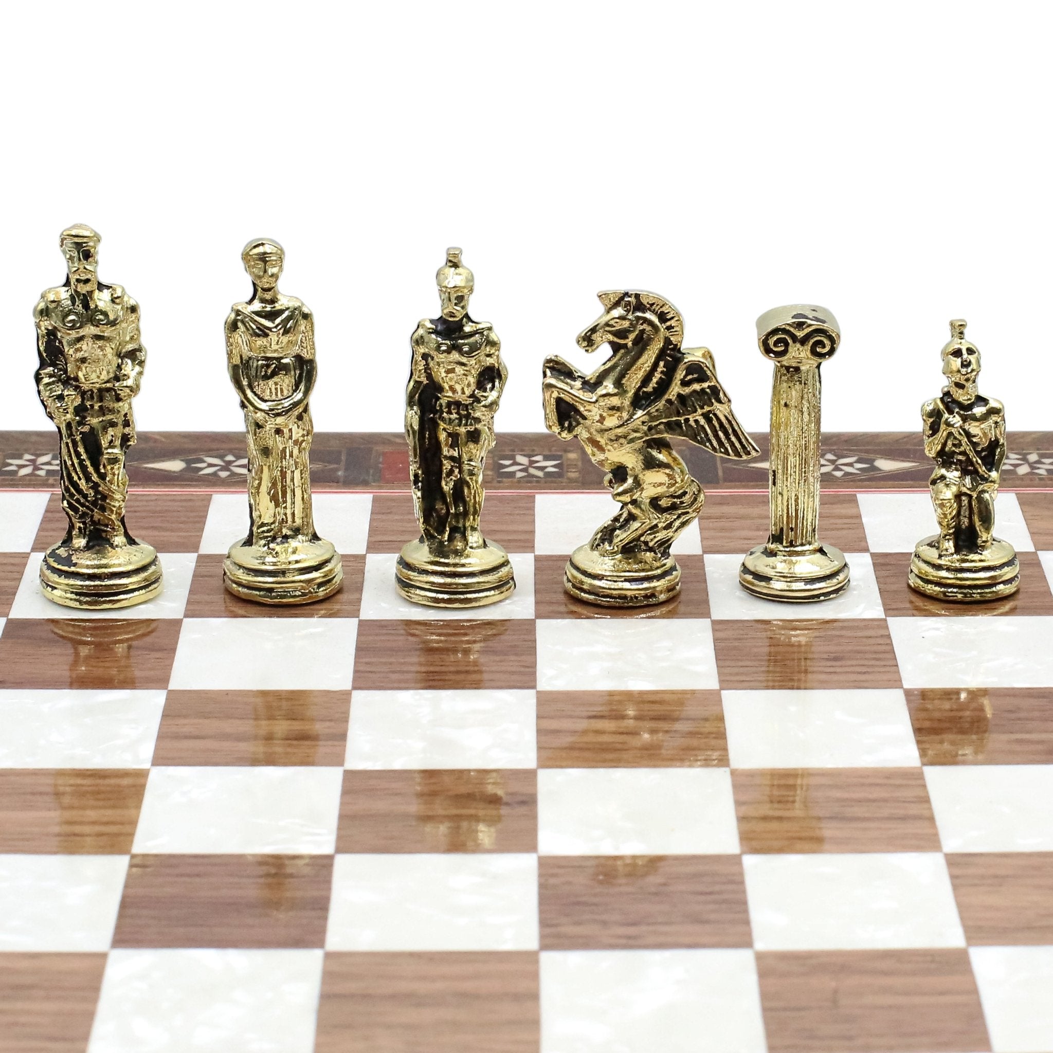 Handmade Inlay Chess Set with Drawer Storage 30 CM (12") - Die Cast Metal Pieces | Greek Mythology Pegasus - Cooper Chess