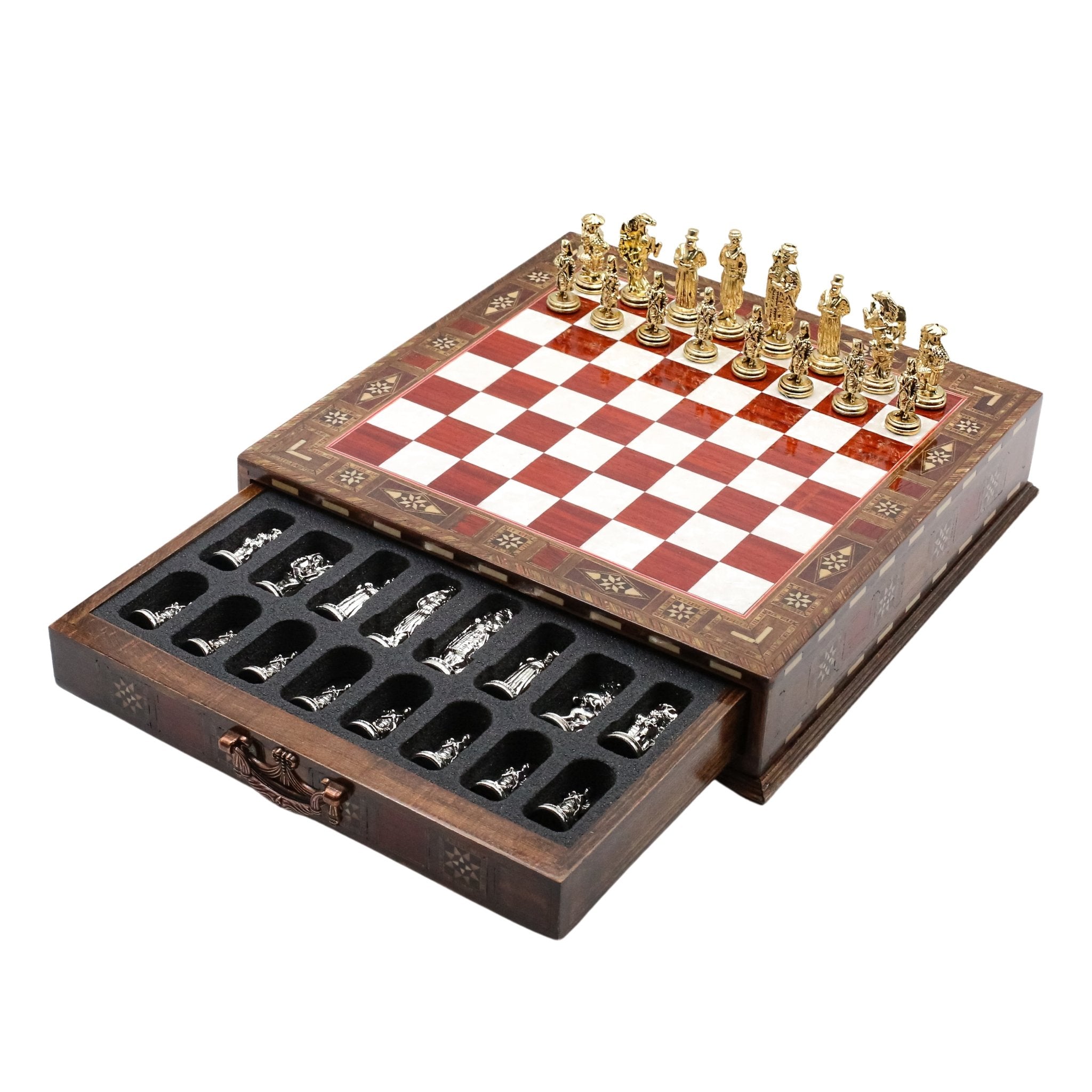 Handmade Inlay Chess Set with Drawer Storage 30 CM (12") - Die Cast Metal Pieces | Ottoman Empire - Cooper Chess