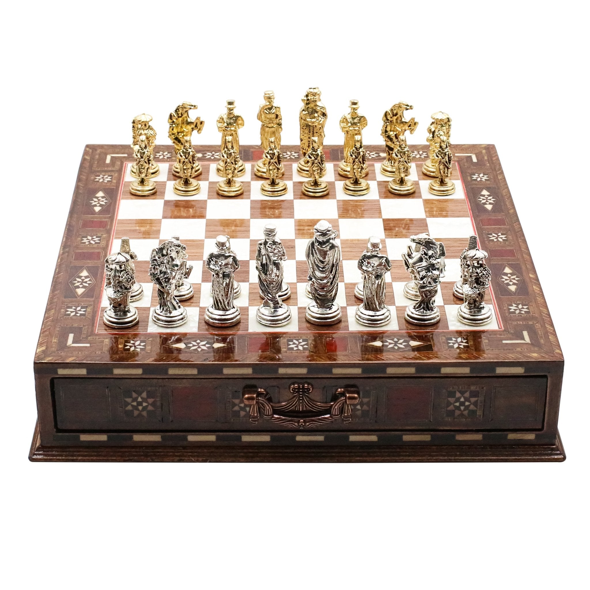 Handmade Inlay Chess Set with Drawer Storage 30 CM (12") - Die Cast Metal Pieces | Ottoman Empire - Cooper Chess