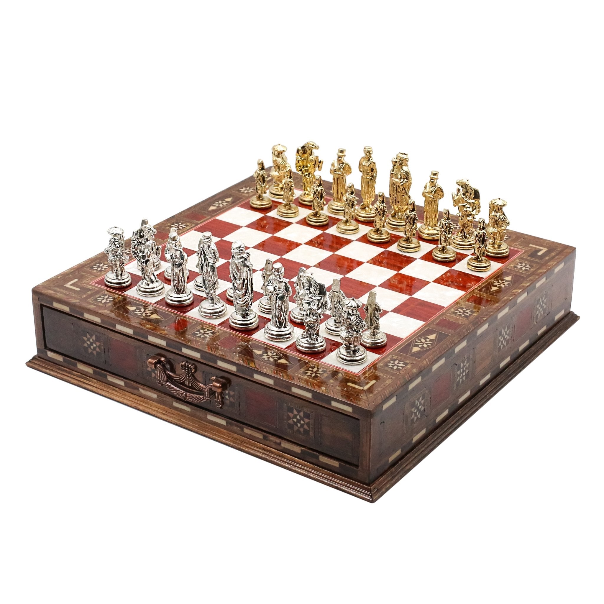 Handmade Inlay Chess Set with Drawer Storage 30 CM (12") - Die Cast Metal Pieces | Ottoman Empire - Cooper Chess