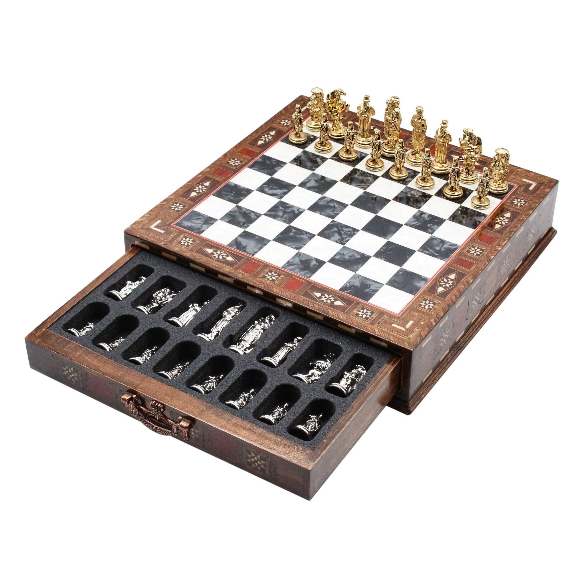 Handmade Inlay Chess Set with Drawer Storage 30 CM (12") - Die Cast Metal Pieces | Ottoman Empire - Cooper Chess