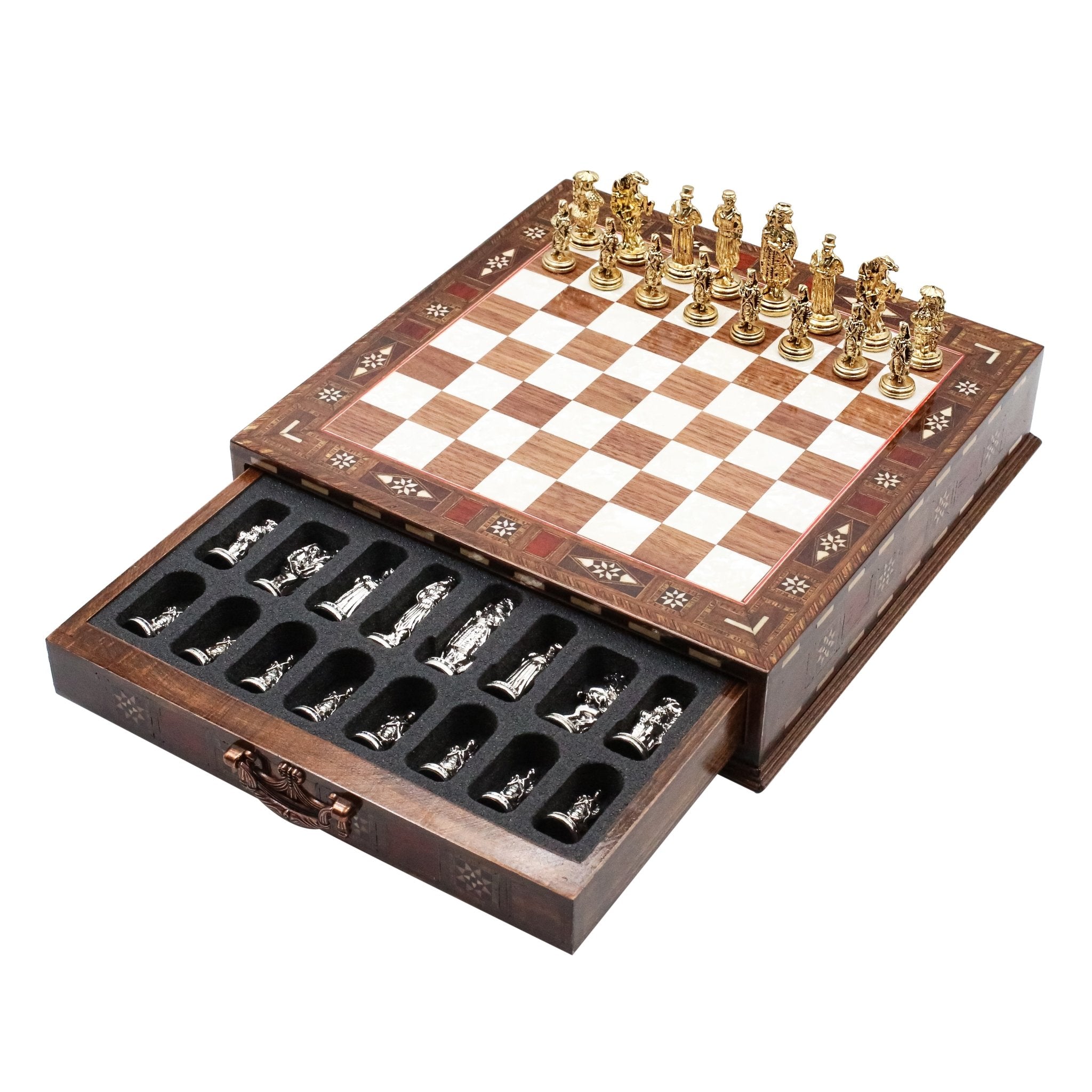 Handmade Inlay Chess Set with Drawer Storage 30 CM (12") - Die Cast Metal Pieces | Ottoman Empire - Cooper Chess