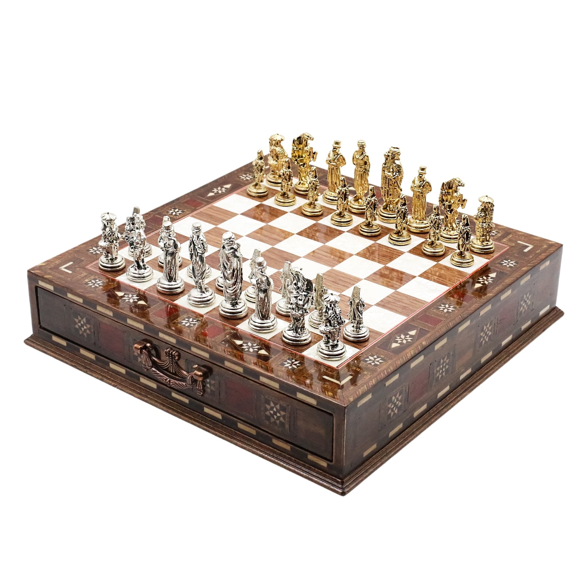 Handmade Inlay Chess Set with Drawer Storage 30 CM (12") - Die Cast Metal Pieces | Ottoman Empire - Cooper Chess