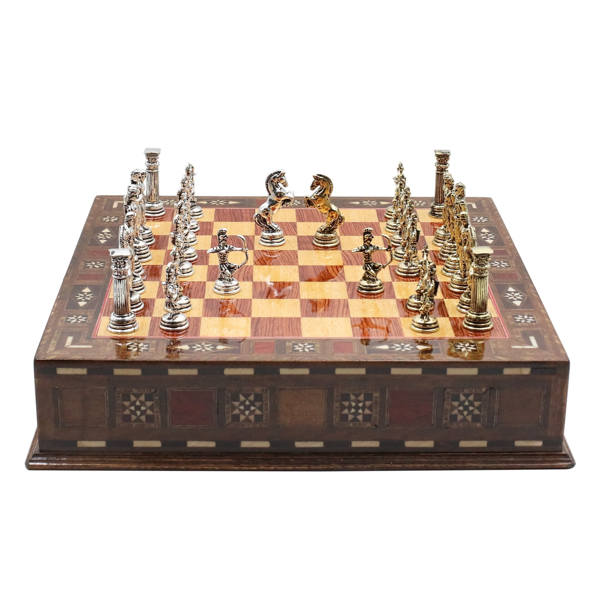 Handmade Inlay Chess Set with Drawer Storage 30 CM (12") - Die Cast Metal Pieces | Greek Mythology Archer - Cooper Chess