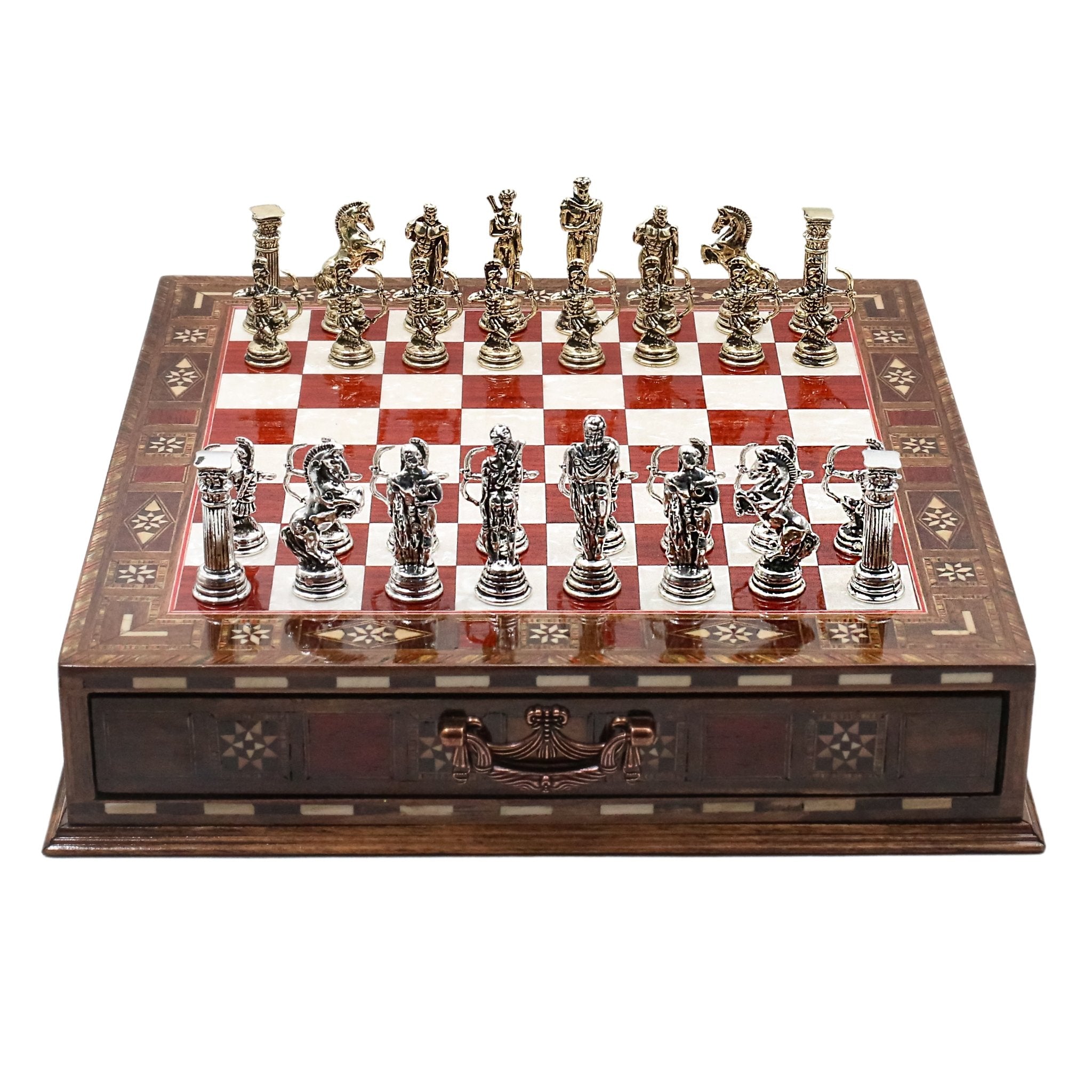 Handmade Inlay Chess Set with Drawer Storage 30 CM (12") - Die Cast Metal Pieces | Greek Mythology Archer - Cooper Chess