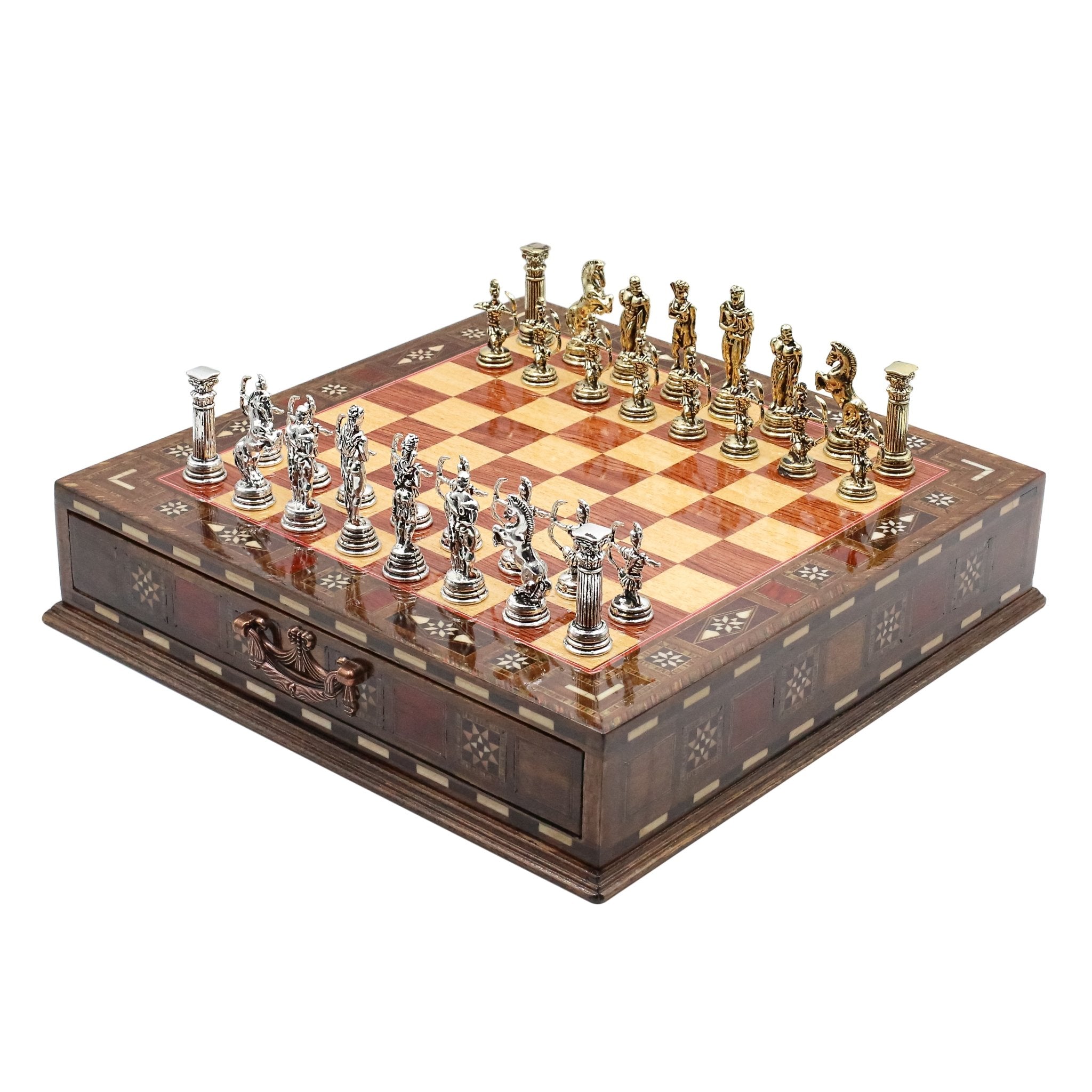 Handmade Inlay Chess Set with Drawer Storage 30 CM (12") - Die Cast Metal Pieces | Greek Mythology Archer - Cooper Chess