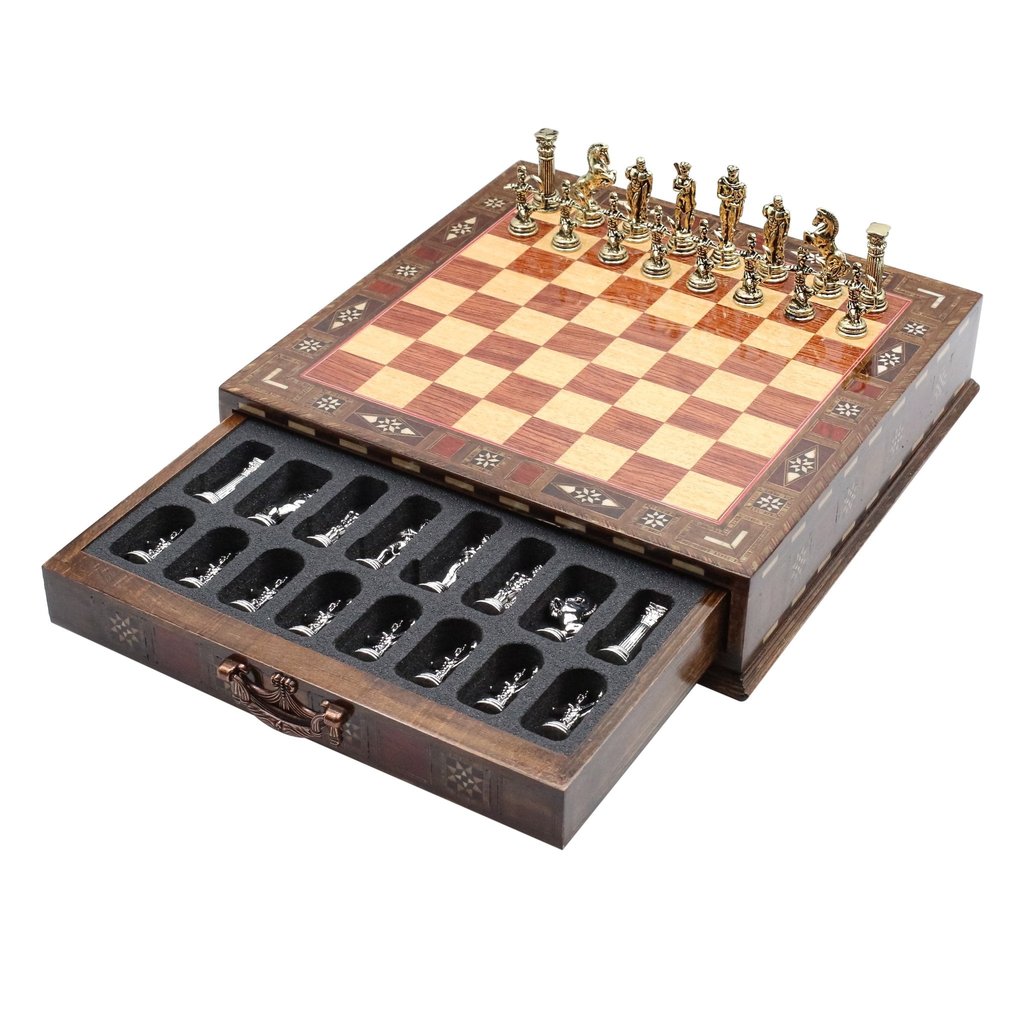 Handmade Inlay Chess Set with Drawer Storage 30 CM (12") - Die Cast Metal Pieces | Greek Mythology Archer - Cooper Chess