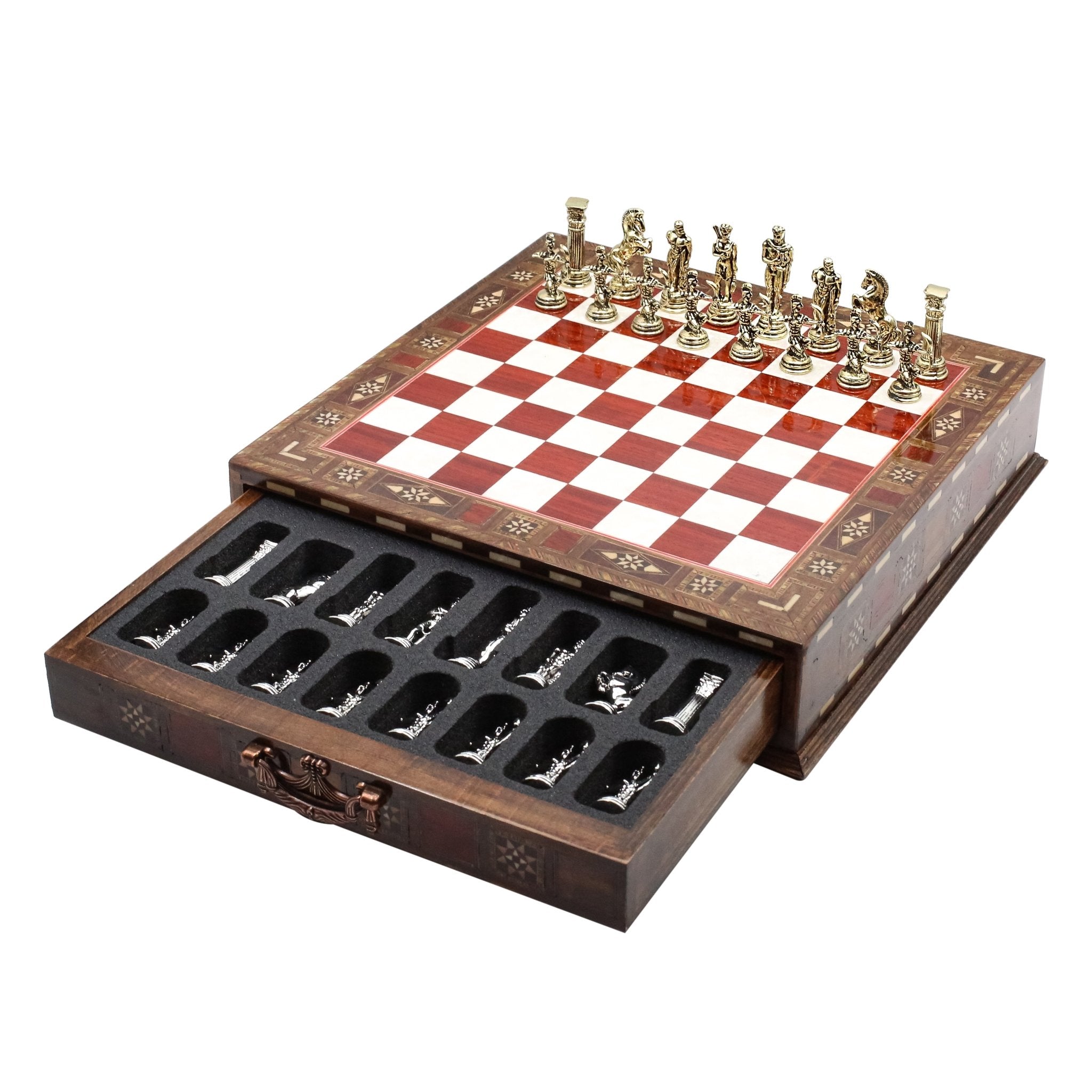 Handmade Inlay Chess Set with Drawer Storage 30 CM (12") - Die Cast Metal Pieces | Greek Mythology Archer - Cooper Chess