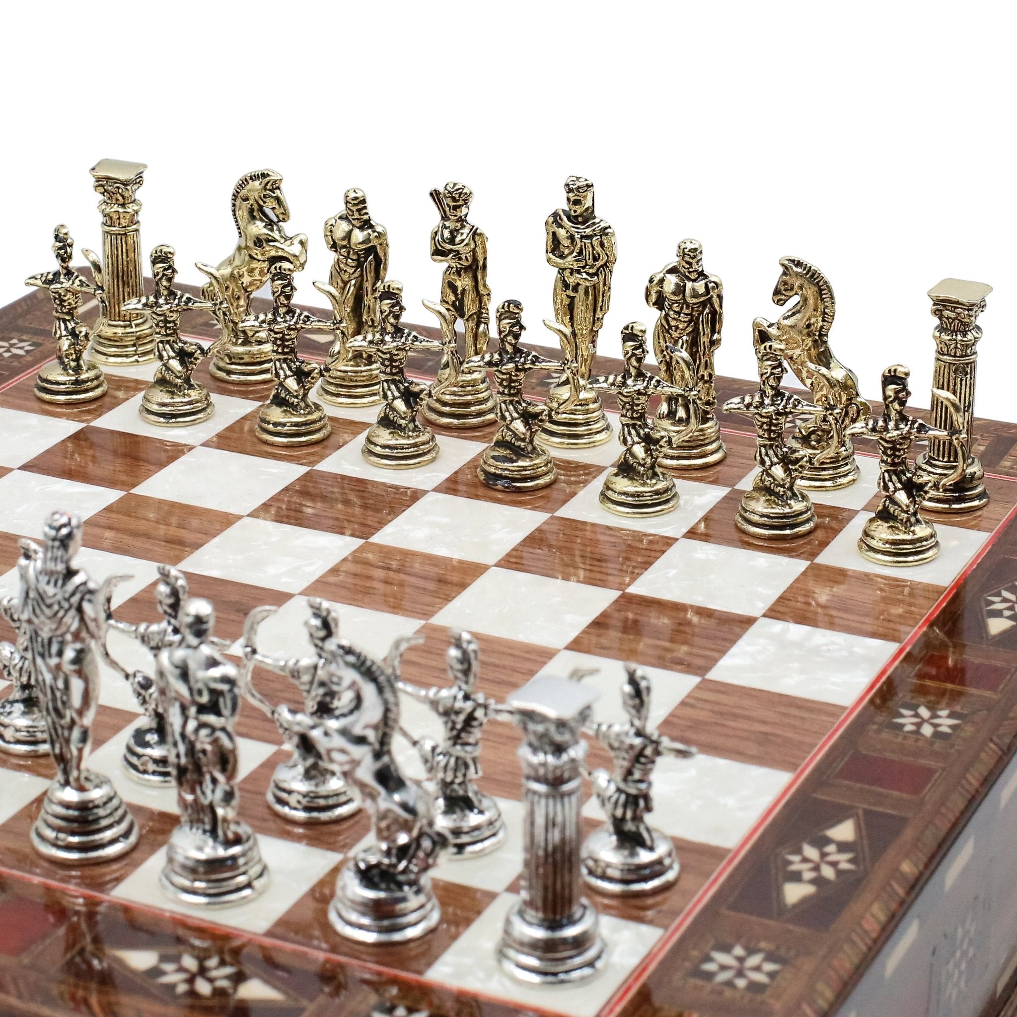 Handmade Inlay Chess Set with Drawer Storage 30 CM (12") - Die Cast Metal Pieces | Greek Mythology Archer - Cooper Chess