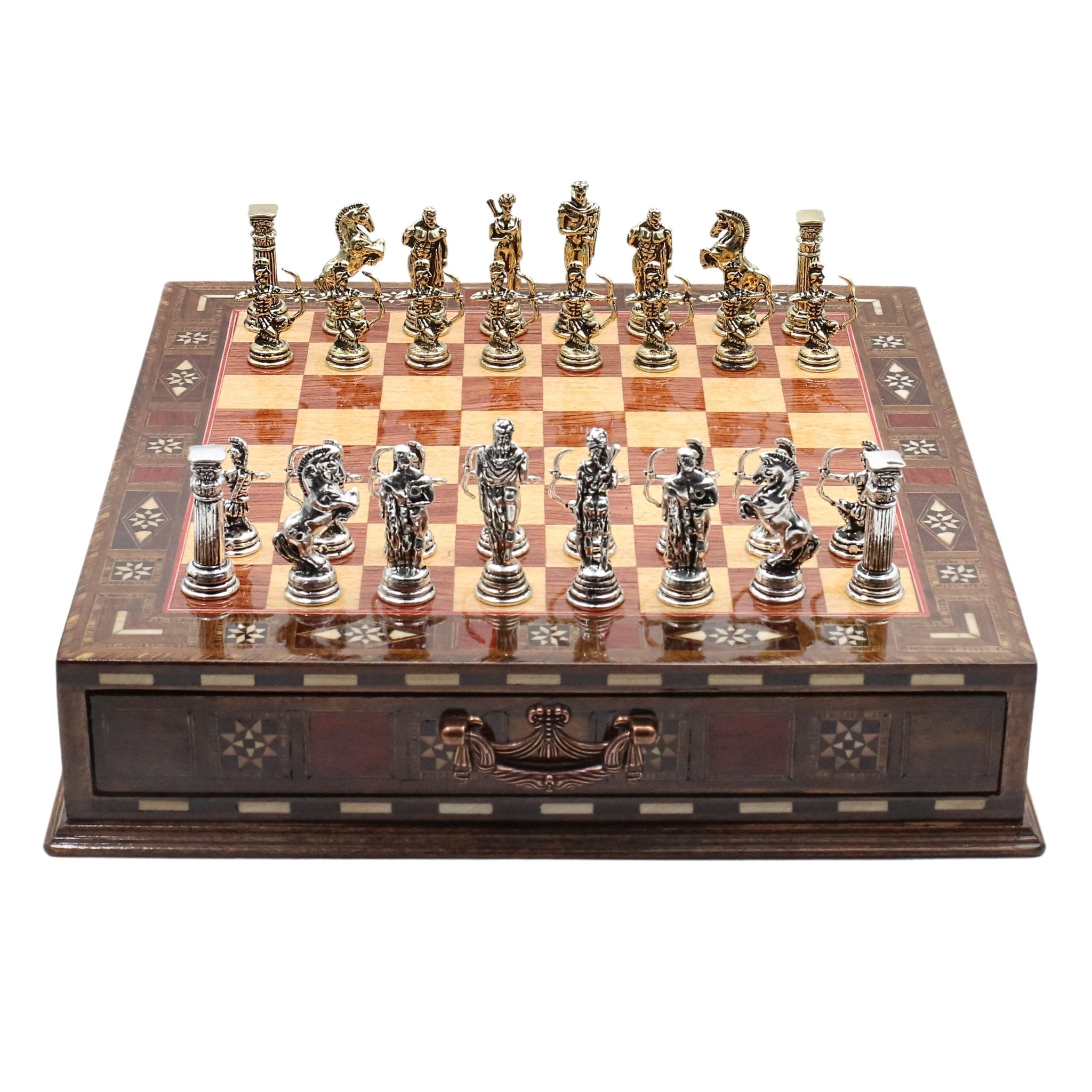 Handmade Inlay Chess Set with Drawer Storage 30 CM (12") - Die Cast Metal Pieces | Greek Mythology Archer - Cooper Chess