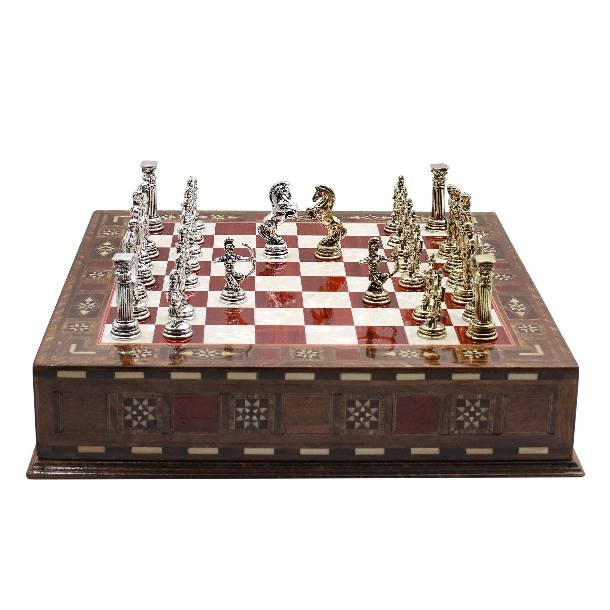 Handmade Inlay Chess Set with Drawer Storage 30 CM (12") - Die Cast Metal Pieces | Greek Mythology Archer - Cooper Chess