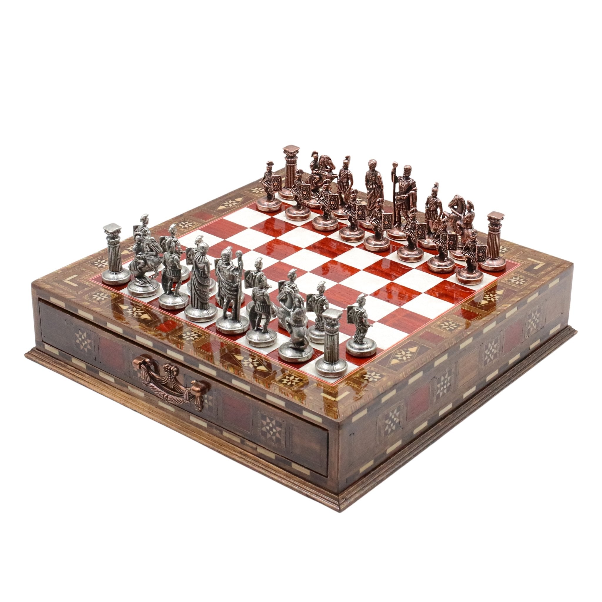 Handmade Inlay Chess Set with Drawer Storage 30 CM (12") - Die Cast Metal Pieces | Vintage Roman Empire - Cooper Chess