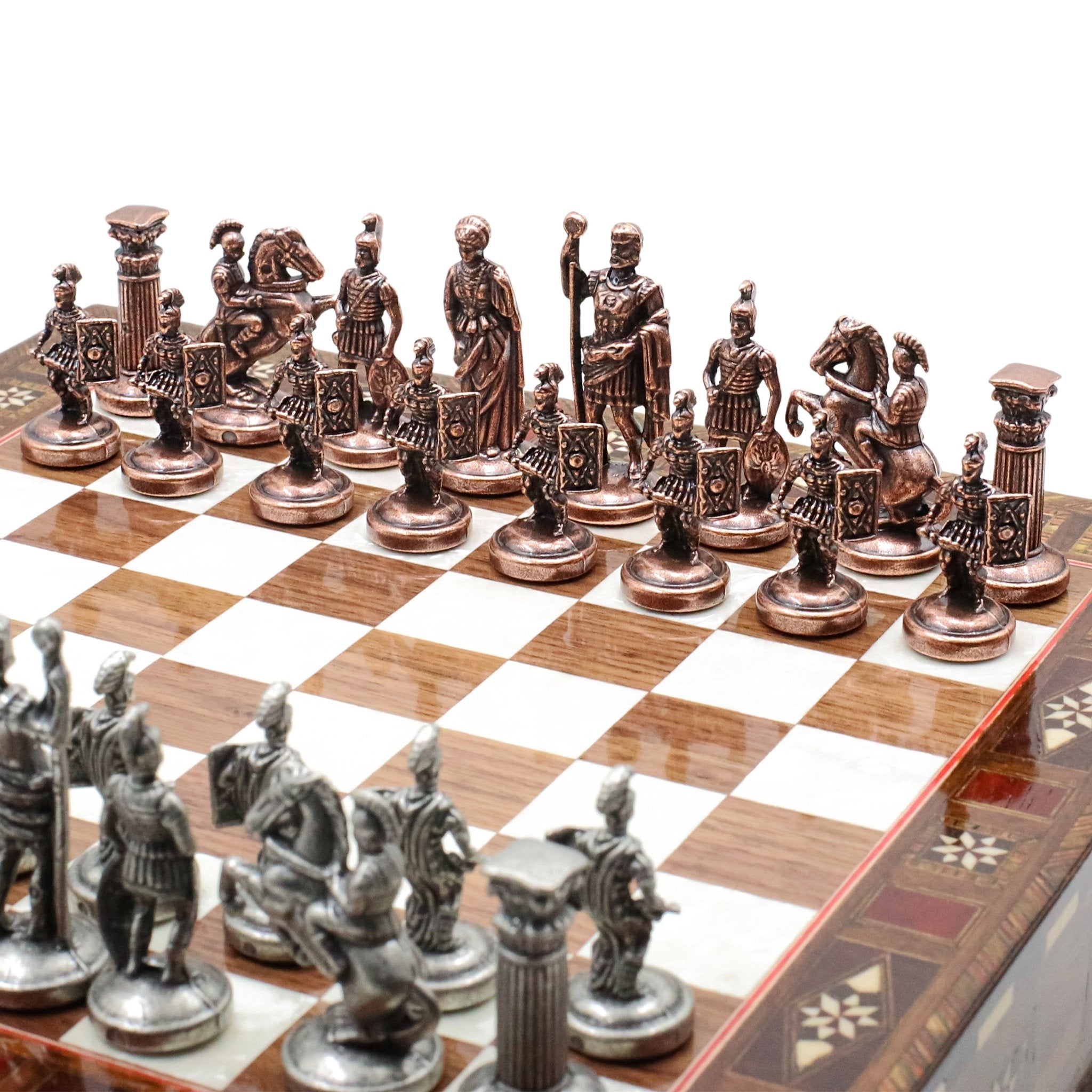 Handmade Inlay Chess Set with Drawer Storage 30 CM (12") - Die Cast Metal Pieces | Vintage Roman Empire - Cooper Chess