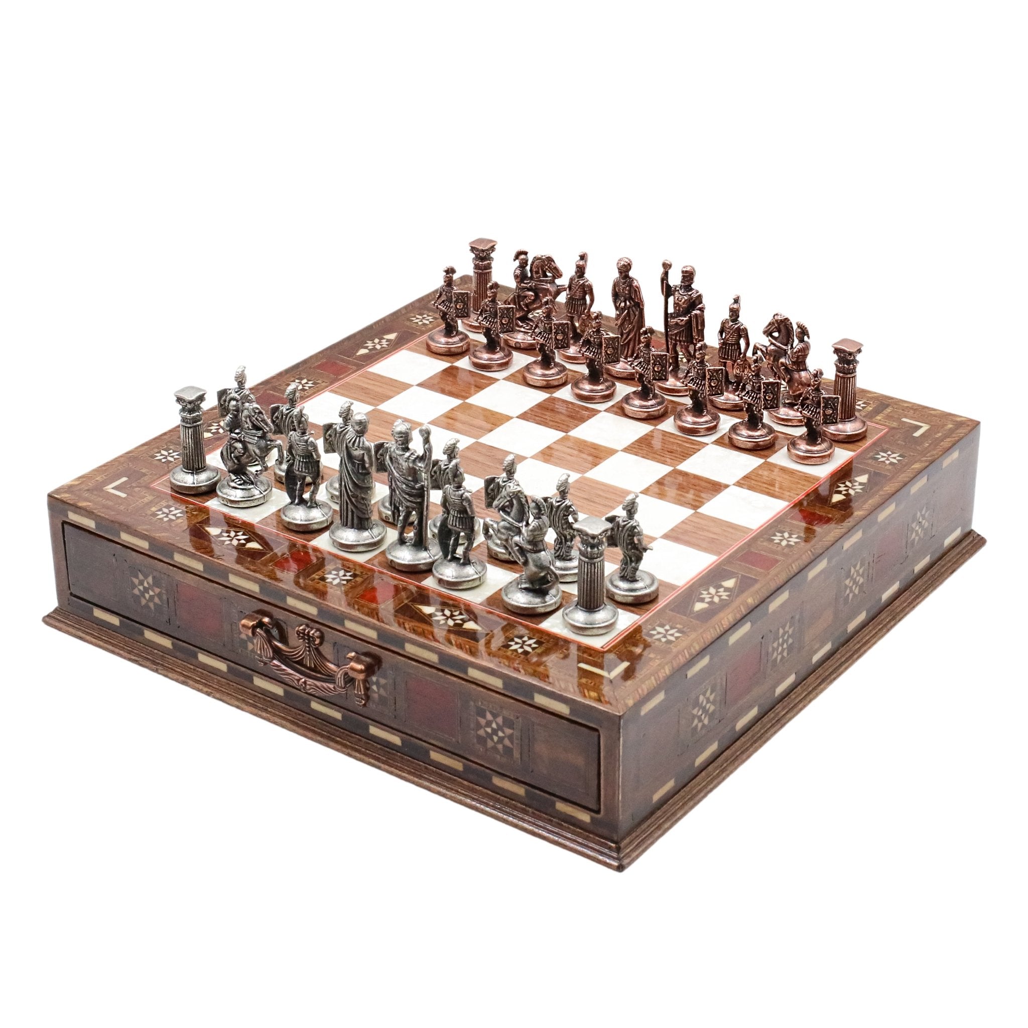 Handmade Inlay Chess Set with Drawer Storage 30 CM (12") - Die Cast Metal Pieces | Vintage Roman Empire - Cooper Chess